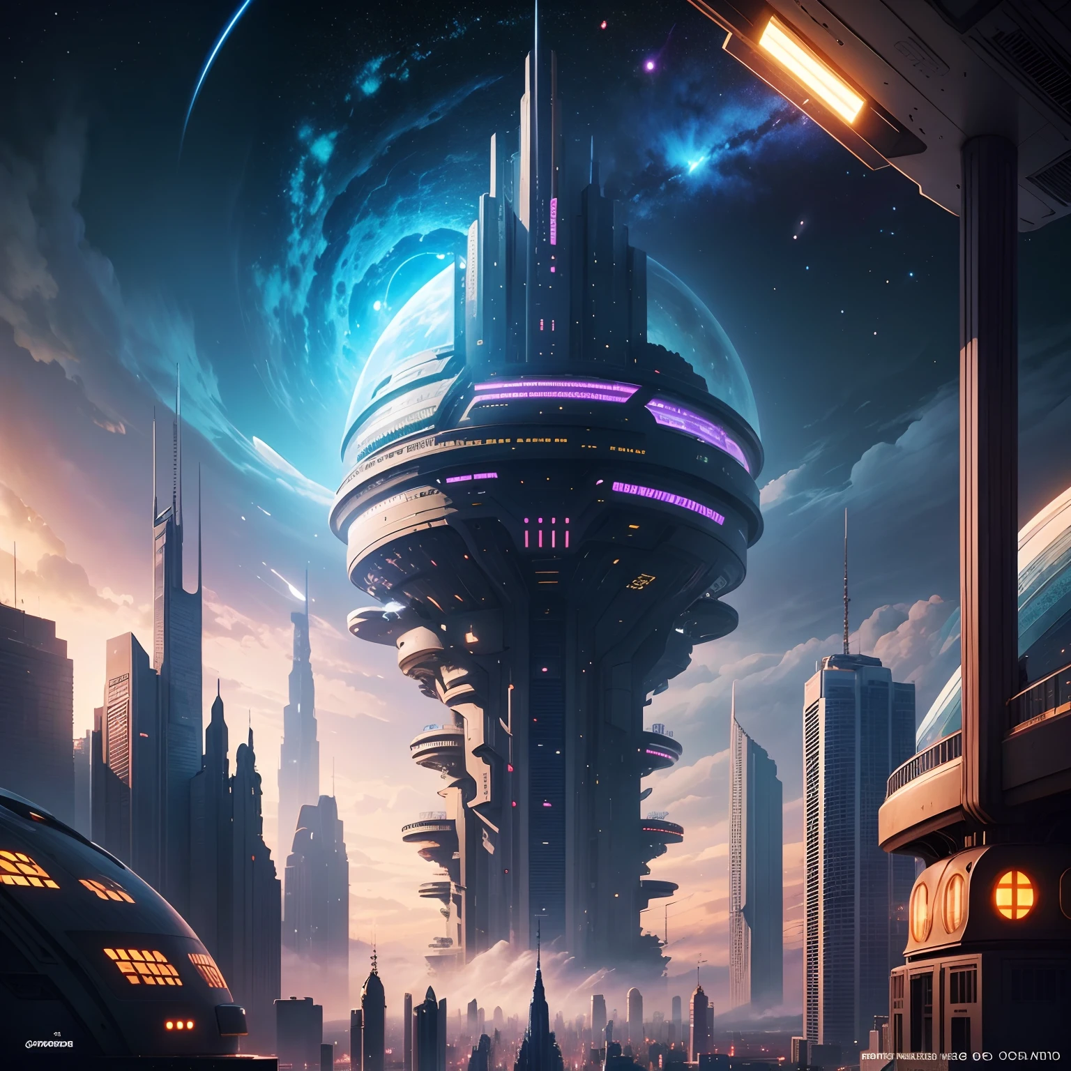 Space City、futuristic cities、floating in the universe、ＳＦart by，cyberpunked、The streets are lined with skyscrapers、A space station、Skyscrapers tall through the clouds，top-quality、​masterpiece、dream、utopian、planet earth、World of Dreams、Fantasia、𝓡𝓸𝓶𝓪𝓷𝓽𝓲𝓬、Beautiful city、Space City、A world far beyond human creation