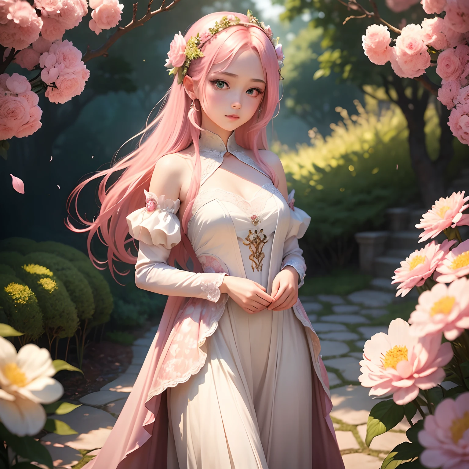 A  noble girl with pink hair and blue eyes, (beautiful detailed eyes,beautiful detailed lips,extremely detailed eyes and face,longeyelashes) in the art style of Genshin Impact. She is standing in the center of a vibrant garden, surrounded by blooming flowers in various colors. The garden is filled with lush green plants, and there is a gentle breeze rustling through the leaves. The girl is wearing an elegant, flowing dress in shades of pink and white, adorned with intricate lace details. Her dress matches her hair perfectly and adds a touch of ethereal beauty to her appearance. The girl's gaze is confident yet gentle, as she gazes into the distance with a sense of curiosity and wonder. Soft sunlight falls on her from above, casting a warm glow on her skin and illuminating the delicate features of her face. The overall image is of the highest quality, with ultra-detailed rendering and vivid colors. The artwork captures the essence of the Genshin Impact art style, combining anime-inspired aesthetics with realistic elements. The color palette is rich and vibrant, with a focus on pastel shades to enhance the dreamlike atmosphere. The lighting is soft and natural, creating a serene and enchanting ambiance. This prompt represents a masterpiece-level artwork, with the level of detail and craftsmanship that can rival professional illustrations. It evokes a sense of beauty and elegance, inviting viewers to immerse themselves in the whimsical world of fantasy and adventure.