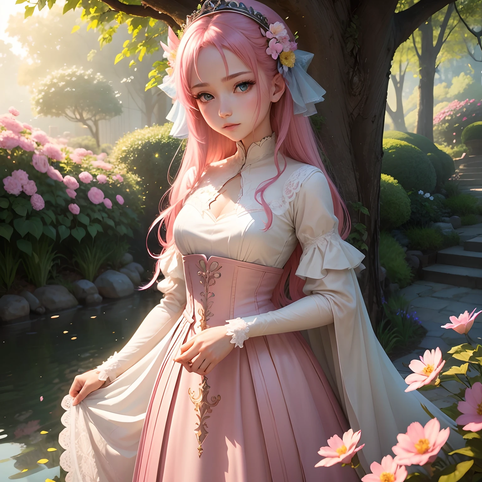 A twelve year old noble girl with pink hair and blue eyes, (beautiful detailed eyes,beautiful detailed lips,extremely detailed eyes and face,longeyelashes) in the art style of Genshin Impact. She is standing in the center of a vibrant garden, surrounded by blooming flowers in various colors. The garden is filled with lush green plants, and there is a gentle breeze rustling through the leaves. The girl is wearing an elegant, flowing dress in shades of pink and white, adorned with intricate lace details. Her dress matches her hair perfectly and adds a touch of ethereal beauty to her appearance. The girl's gaze is confident yet gentle, as she gazes into the distance with a sense of curiosity and wonder. Soft sunlight falls on her from above, casting a warm glow on her skin and illuminating the delicate features of her face. The overall image is of the highest quality, with ultra-detailed rendering and vivid colors. The artwork captures the essence of the Genshin Impact art style, combining anime-inspired aesthetics with realistic elements. The color palette is rich and vibrant, with a focus on pastel shades to enhance the dreamlike atmosphere. The lighting is soft and natural, creating a serene and enchanting ambiance. This prompt represents a masterpiece-level artwork, with the level of detail and craftsmanship that can rival professional illustrations. It evokes a sense of beauty and elegance, inviting viewers to immerse themselves in the whimsical world of fantasy and adventure.