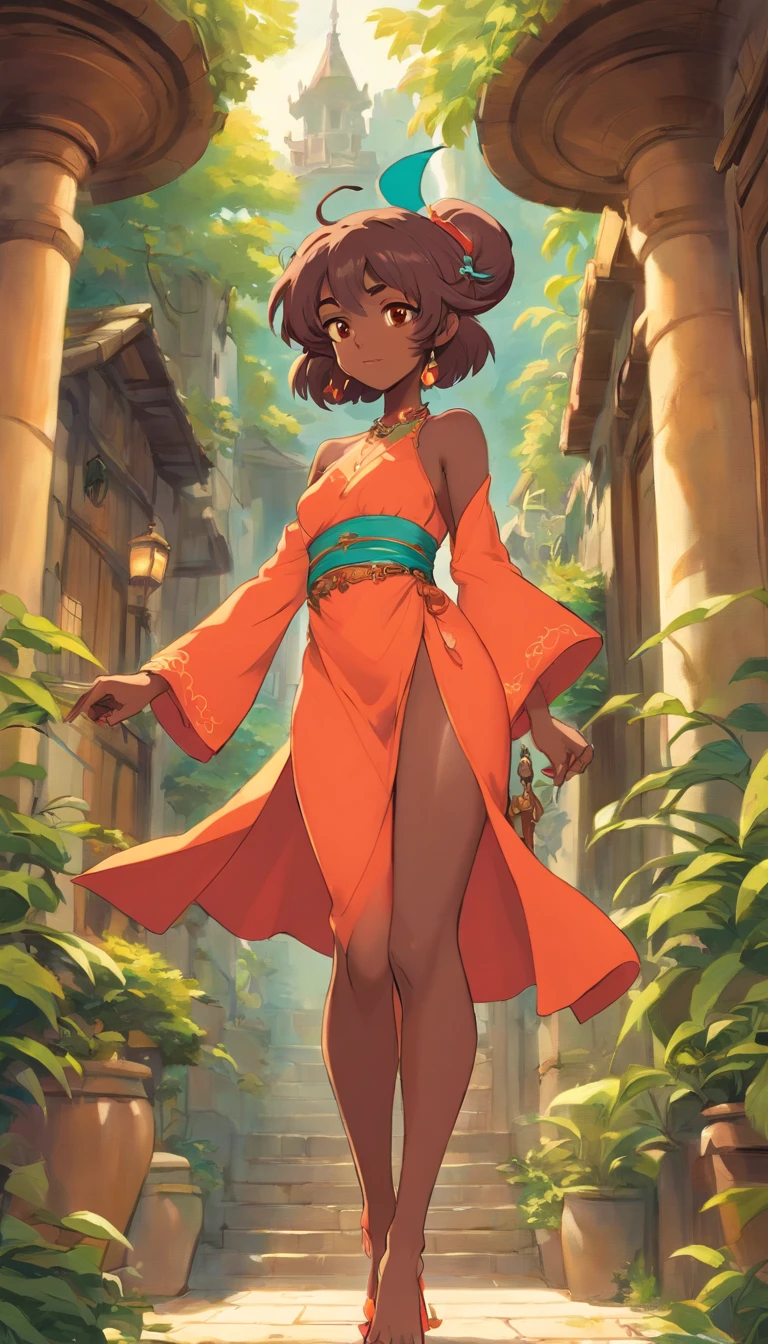 "Charming goblin girl harem and seductive woman proportions graceful long legs, Irresistibly beautiful dark skin, And a seductively curved figure."