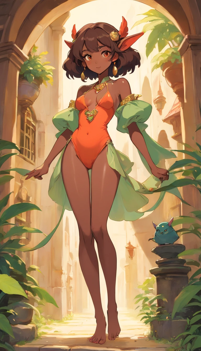 "Charming goblin girl harem and seductive woman proportions graceful long legs, Irresistibly beautiful dark skin, And a seductively curved figure."