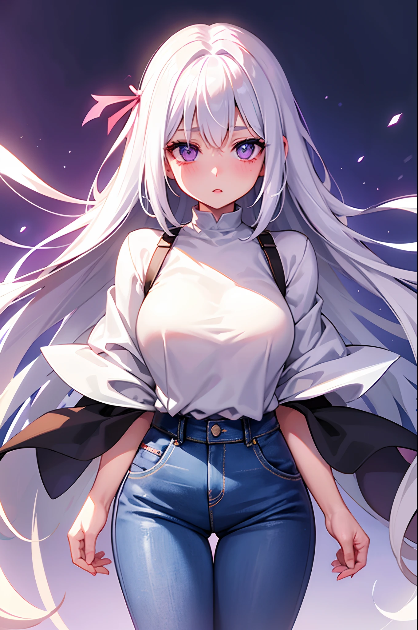 1girl、White hair、Long、Gradient Hair、Light purple eyes、radiant eyes、Parted lips、red blush、high-waisted jeans、low angles、
