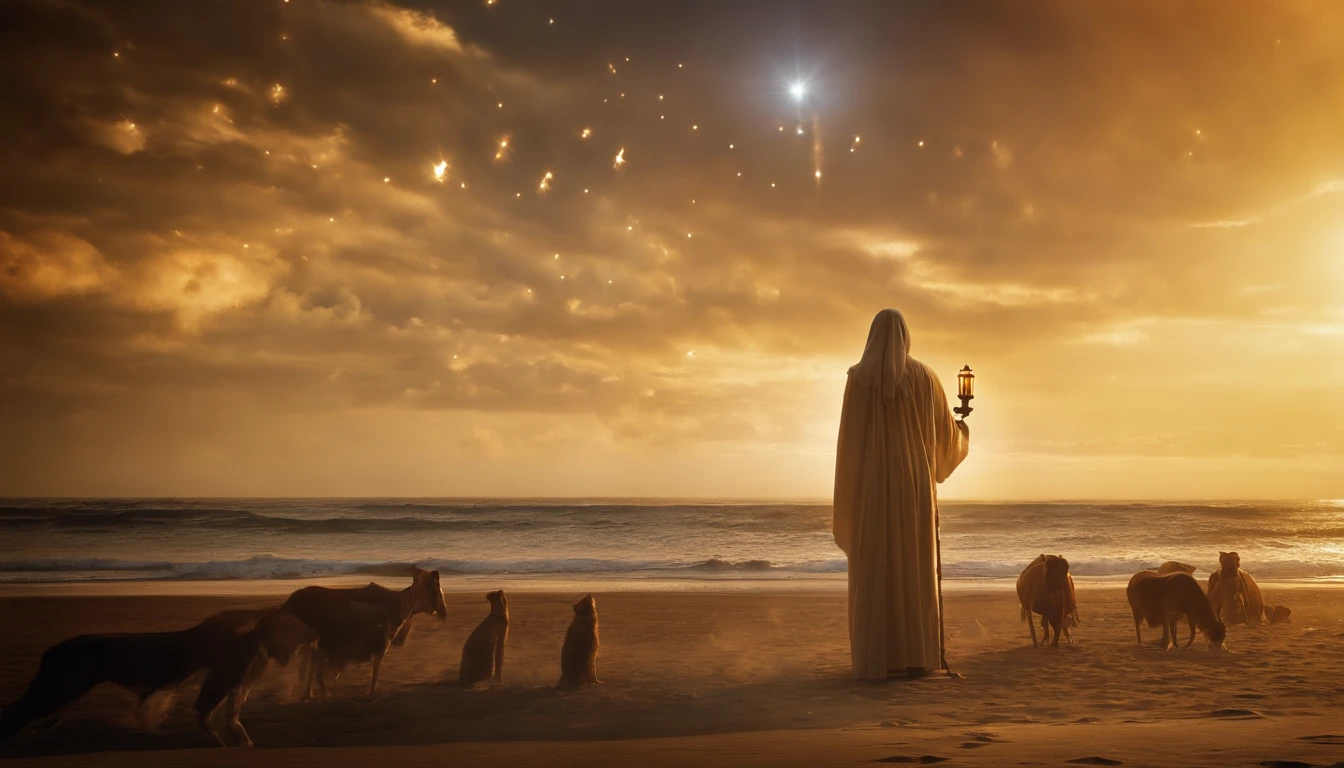 He stood with seven stars in his right hand,, The one who walks among the seven golden candlesticks speaks. Jesus,Appearing in the Book of Revelation,Your majesty,Fantasy,Standing looking ahead, Your feet are like shining jewels, with seven golden candlesticks facing the front, 1 person,Looking Behind,Holding both hands up
