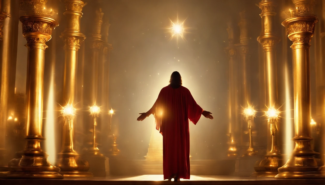 He stood with seven stars in his right hand,, The one who walks among the seven golden candlesticks speaks. Jesus,Appearing in the Book of Revelation,Your majesty,Fantasy,Standing looking ahead, Your feet are like shining jewels, with seven golden candlesticks facing the front, 1 person,Looking Behind,Holding both hands up