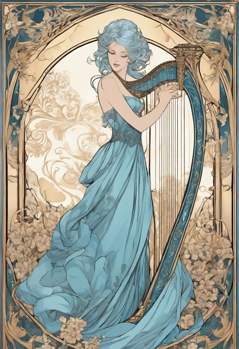 /upscale (masterpiece, top quality, best quality, official art, beautiful and aesthetic:1.2), (1girl), extreme detailed,(fractal art:1.3), light blue hair, innocent, playing the harp