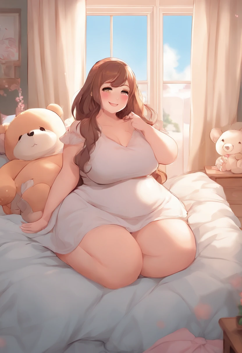 plus size, plus size anime, anime style, happy, smiling, blushing, large breasts, sweet, cute, close-up, stuffed animals, bedding, bedroom