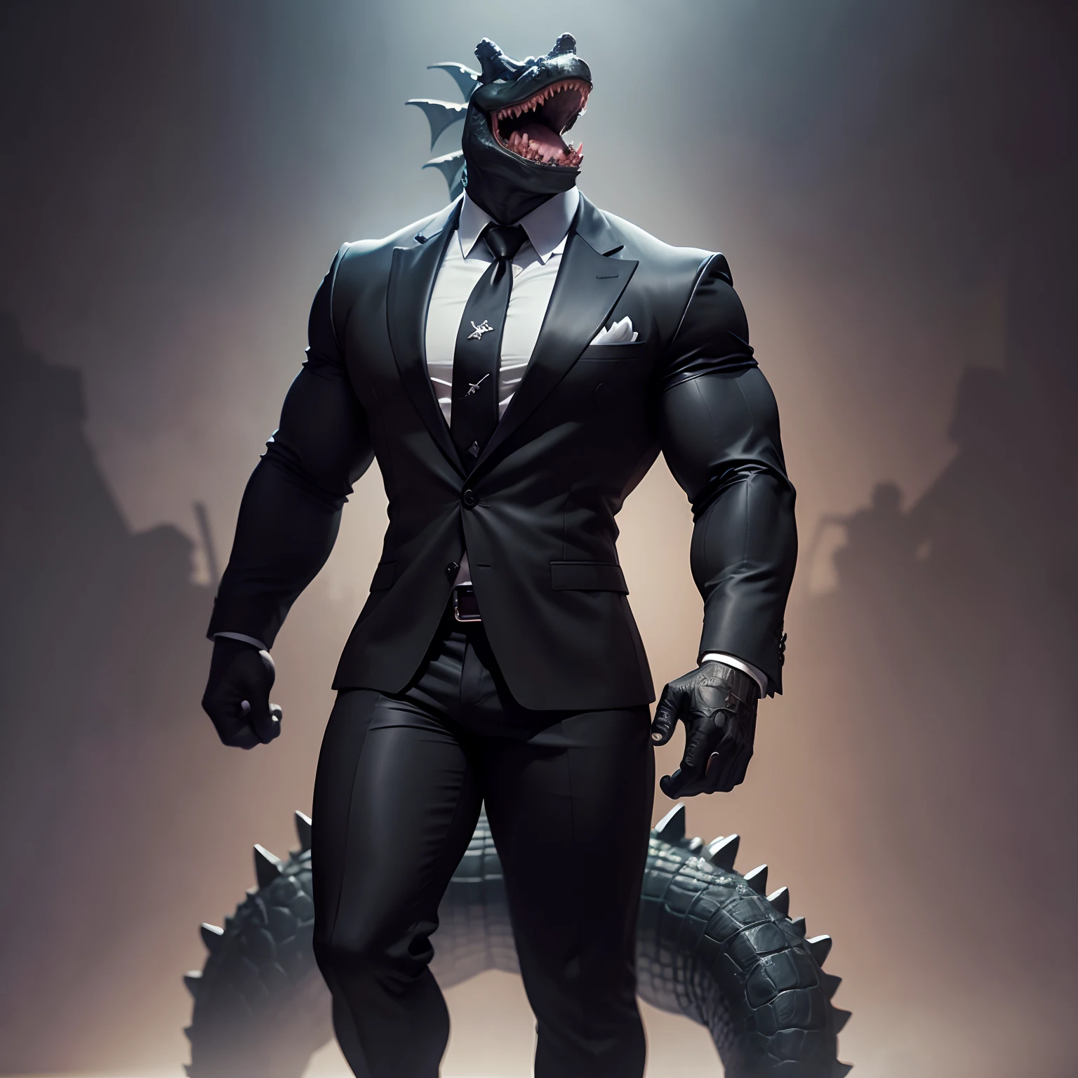 Humanoid crocodile muscled , with a crocodile's head black with a tail with 2 huge arms , in suit with a tie , full body