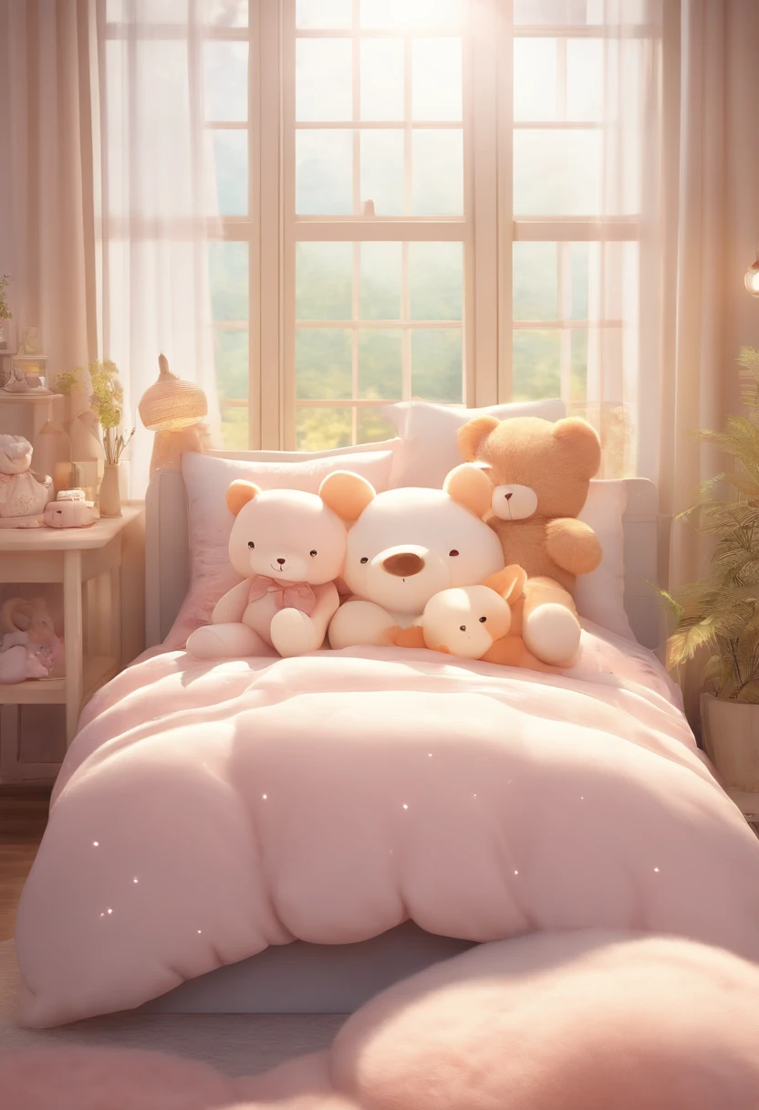 plus size, plus size anime, anime style, happy, smiling, blushing, sweet, cute, close-up, stuffed animals, bedding, bedroom setting, sunbeams, soft