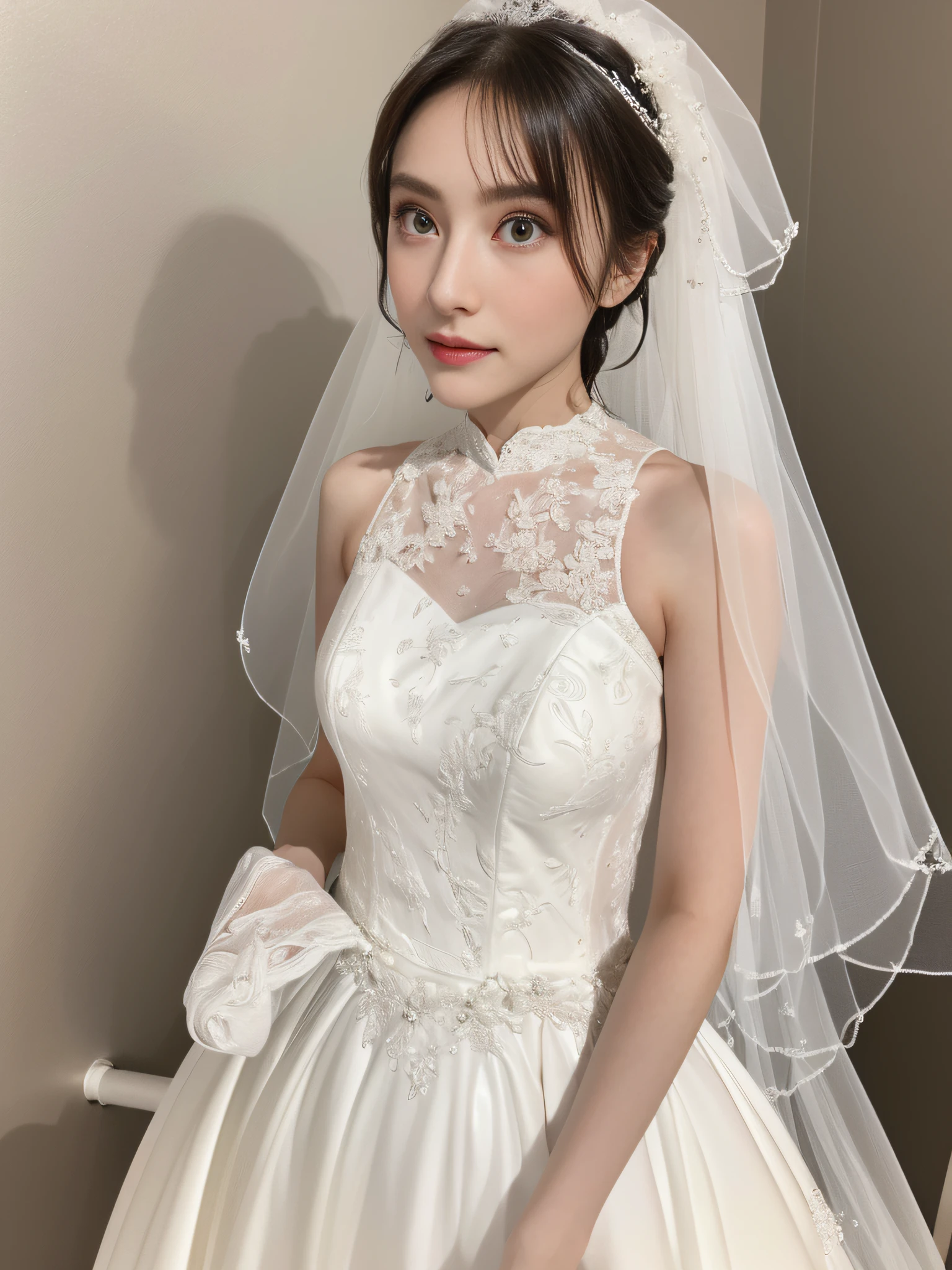 (Very detailed, Reasonable design, Clear lines,Best Quality, masutepiece,Light and Dark Light Canon Photo Crystal Clear (realisticlying:1.2)Beautiful woman in white wedding dress