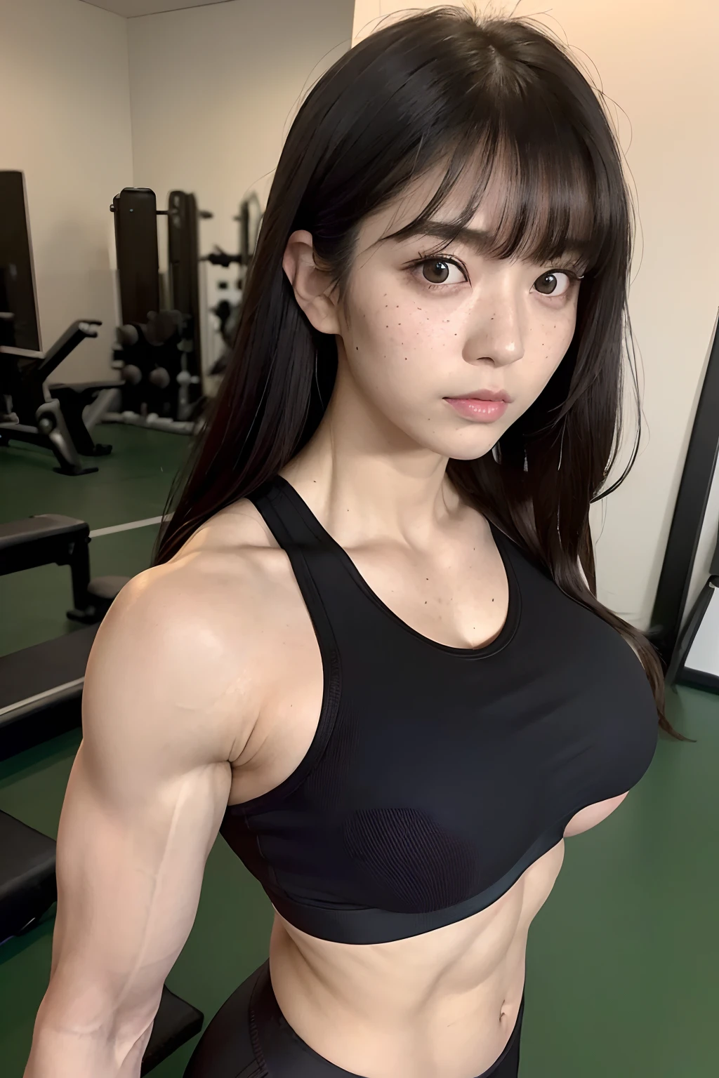 (a Japanese adult_woman:1.8),(standing facing forward),at the sports gym,(female_bodybuilder:1.9),(big_tits:1.9),(broad_shouldered:2.1),(bulging_biceps:2.1),(massive_deltoids:2.1),(a narrow waist:1.5),(six-pack abs:1.5),(big buttocks:1.5),(wearing a black sports bra and leggings:1.5),(long_hair:1.5),(black_hair:1.5)(straight_hair:1.5),(having bangs trimmed evenly:1.1),(a faint smile),(looking down with disdain:1.3),(fair complexion:1.5),(skin with freckles),(black_eyes),(big_eyes:1.3)