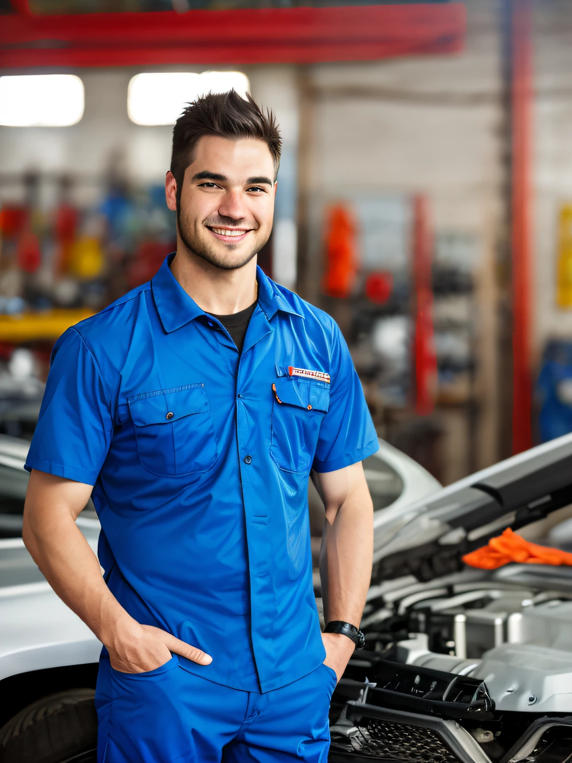 male people,Foreign Caucasians(1.1)年轻(1.2)A half body(1.12)Auto repair workers,With a smile on your face,solo person,Real Human,Car lift background