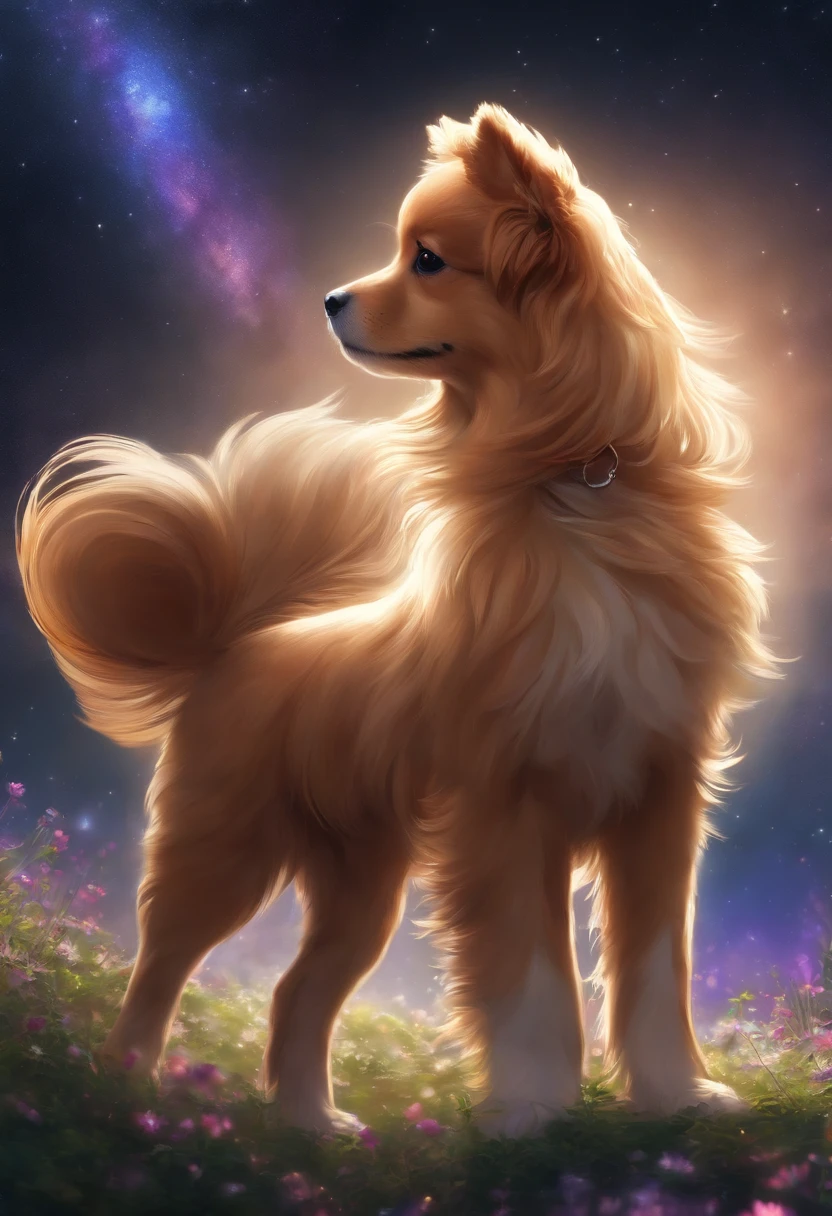 Anime Starfield，pup，the tail and walk happily，Dogs appear，4K clarity，Anime Dogs，Painting style heals itself