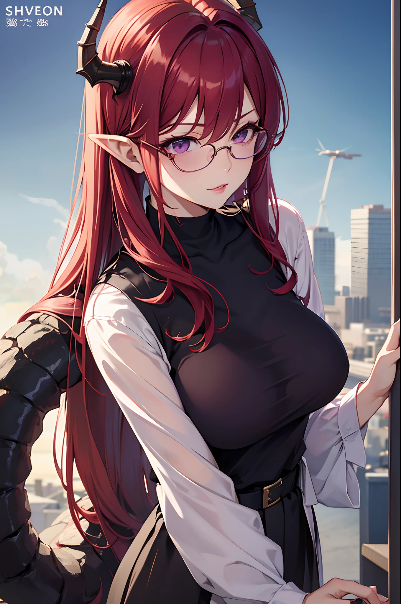 Cover magazine, solo, 1woman, anime, woman, Onee-san, adult woman, mommy, solo, long hair, unusual hairstyles, red hair, purple eyes, sharp ears, model, actress, beautiful, dragon, soft smile, dragon horn, casual clothes, casual style, big breast, Sunglasses, lipstick