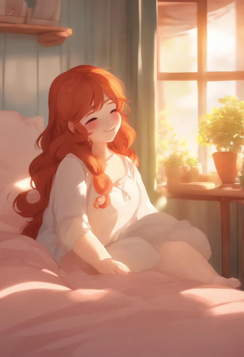 plus size, plus size anime, anime style, happy, smiling, blushing, sweet, cute, close-up, stuffed animals, bedding, bedroom setting, sunbeams, soft, playful, ginger hair, red hair, relaxing,cozy