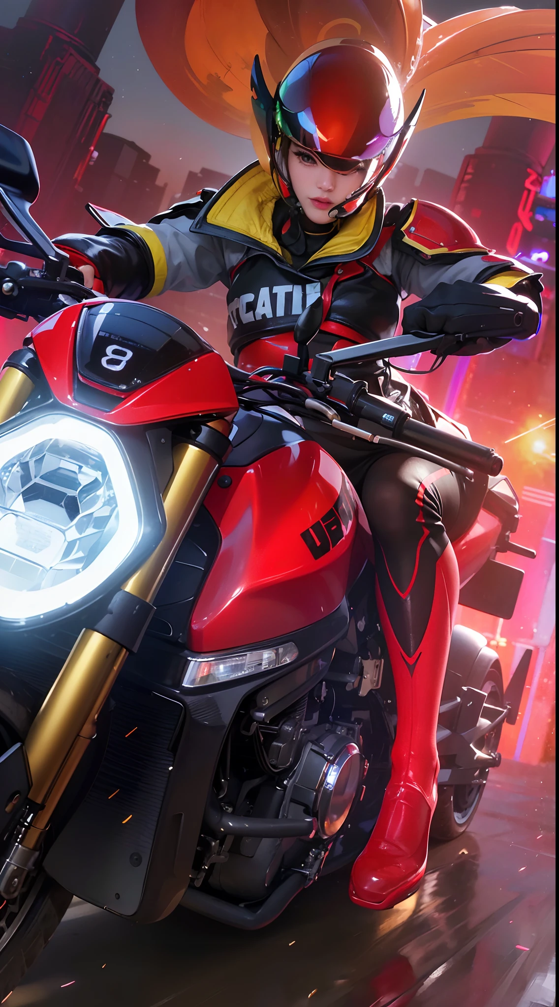 (8k, RAW photo, photorealistic:1.25) ,( lipgloss, eyelashes, gloss-face, glossy skin, best quality, ultra highres, depth of field, chromatic aberration, caustics, Broad lighting, natural shading,) looking at viewer with a serene and goddess-like happiness, wear a helmet