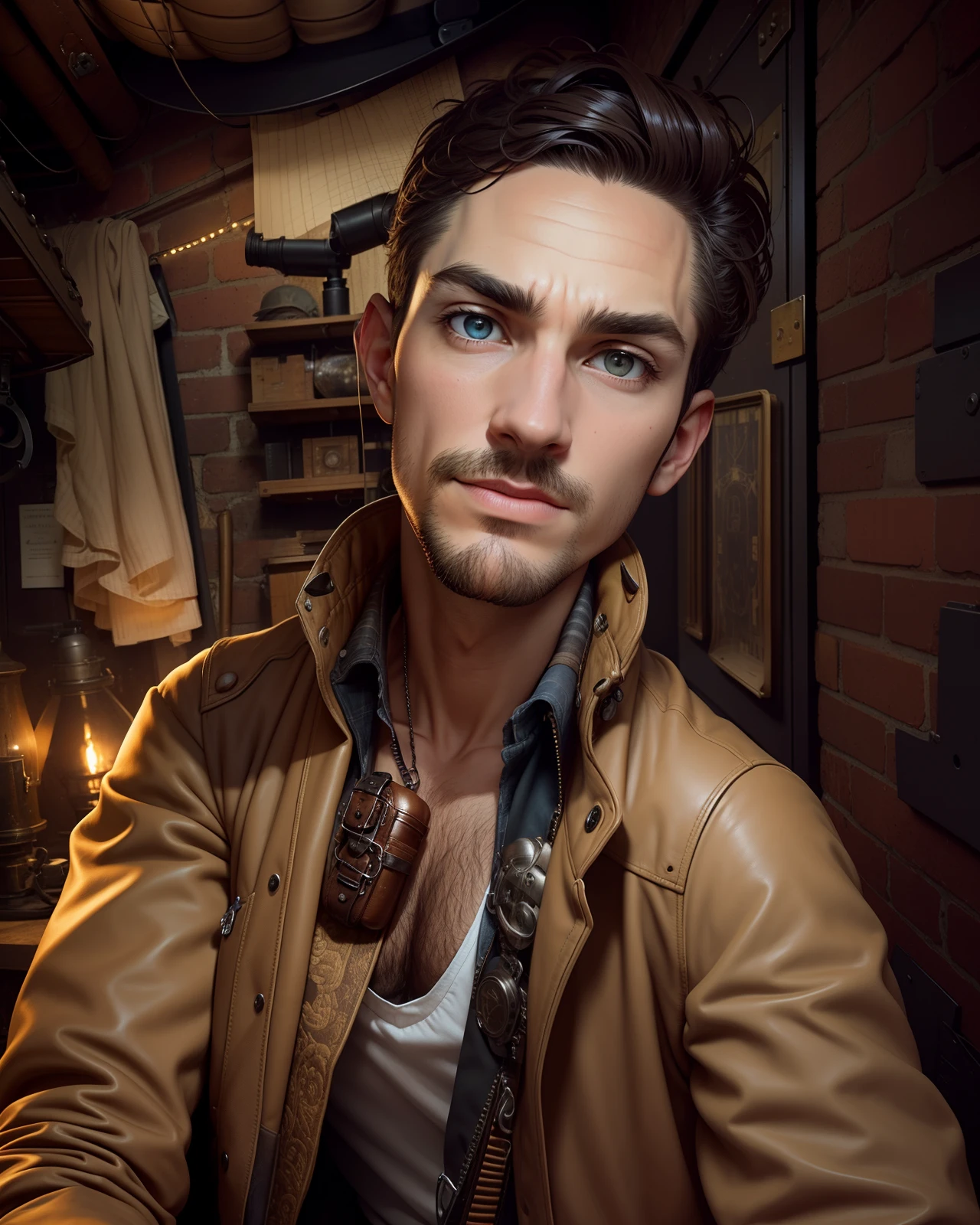 um Home Detective, Conceptual Art, Realism, Godley, Film Lighting, Multiview, Canon, UHD, High Detail, High Quality, HD, 16k,Steampunk,Handsome and slender young man,,Steampunk,Vintage Pilot Goggles,Leather Jacket,Leather Vest,Leather Pants,White Shirt,Top Hat,(Face: 1.3)Face, Detailed face, perfect eyes, serious expression, short haircut, industrial background, intricate details, natural light, correct anatomy, good composition, masculine image, manly, refreshing and clear skin texture, holding a pistol in the right hand