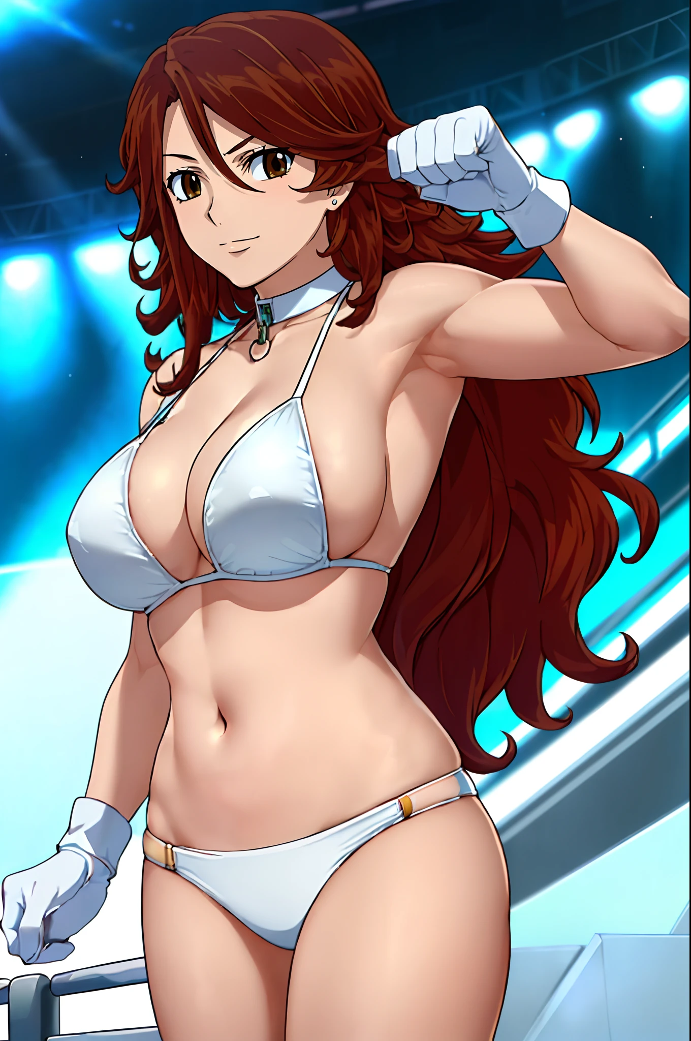 curvy belly, titration screen,, Elegant lady, (upper body only), anime style: 1.8, anime drawing, ultra detailed face, ultra detailed body, 4k, Sumergai Lee Noriega, (standing), best quality, anime style, hires, highest definition, digital blending, bold drawing lines, ((wwe diva), (location: wrestling arena, crowds watching), ( big shoulders, slim body, (wrestler body, thick arms, detailed biceps), , broad shoulders, closed fists, (very curvy: 2.8)), ((white bikini, only, white gloves, collar, (arm band), (champion belt on bare belly))), loser, defeated, sad, (pale skin, big breasts, smile), (big eyes, brown eyes), (clapping), ( brown hair, loose hair, curly hair, wavy hair, long hair, missy hair, shiny hair), 27 years old,