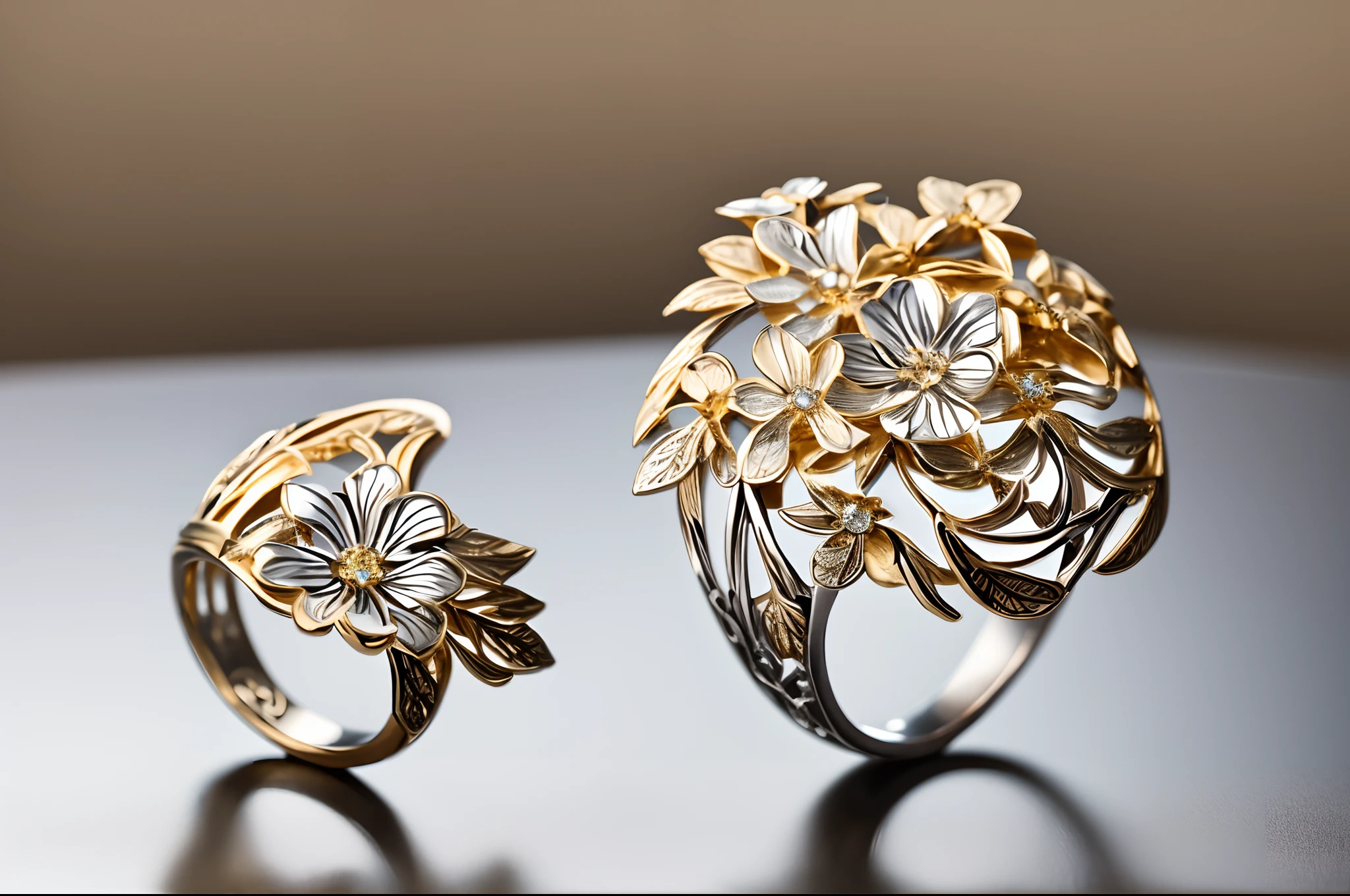Art nouveau ring, finger ring, gold and platinum, flower, modernista design. Photography,