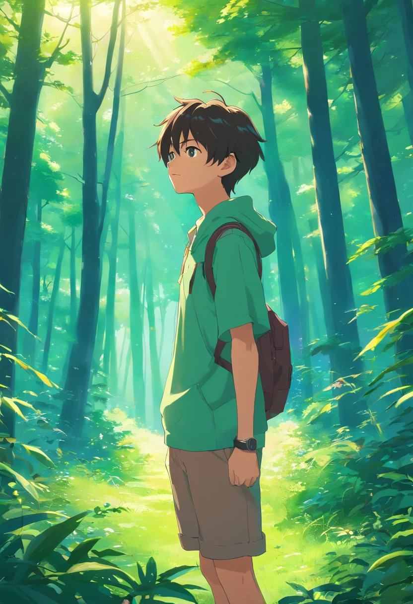 A boy with,Incarnate anime style,Exaggerated unique facial features and clothing,Stand in a green forest,Backlit background protruding main body,High-contrast colors,4K HD quality,年轻,ssmile,Handsome