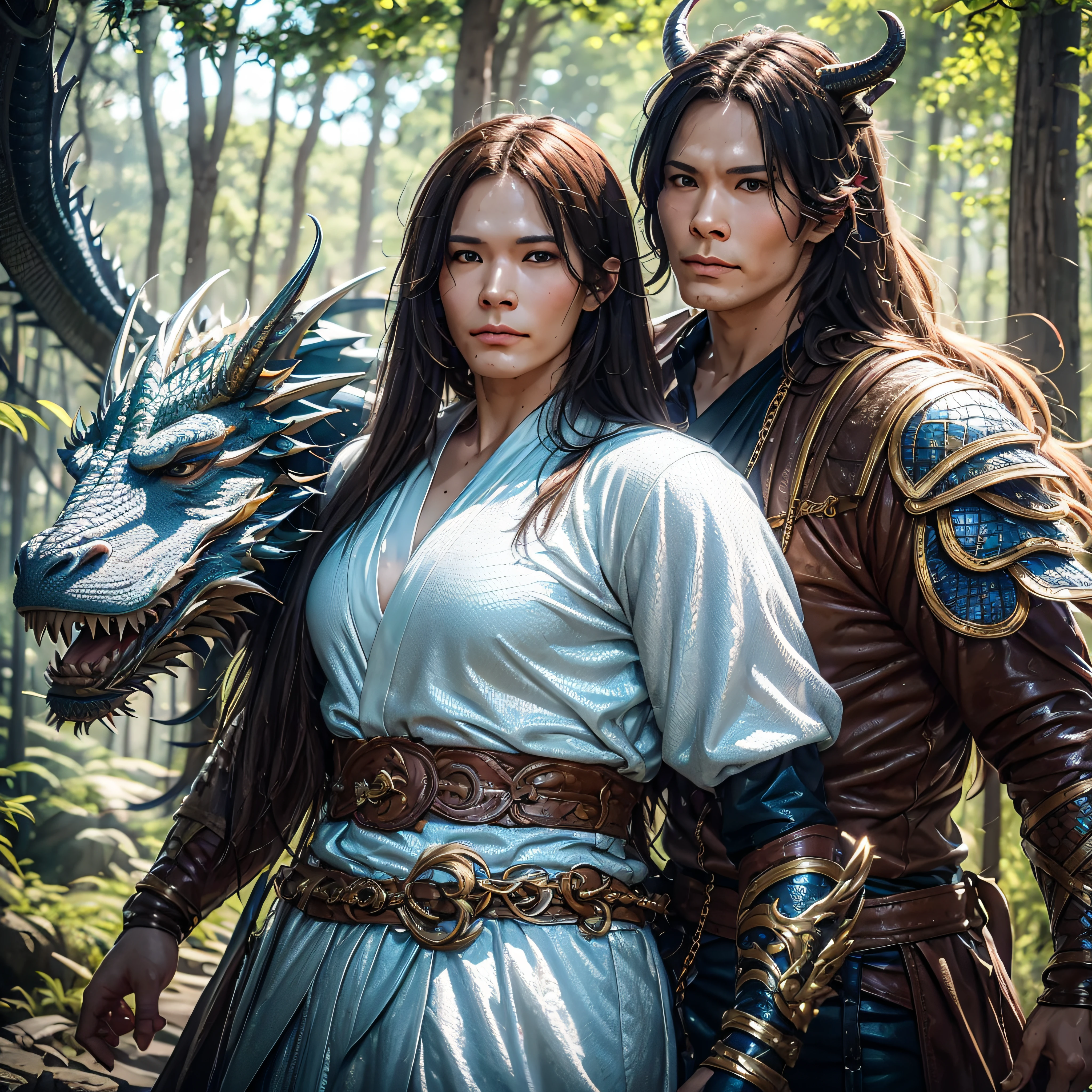 girl and dragons,Rainbow Dragon, ((The girl is wearing a robe)),(He was covered with chain mail:1.4),(Cloth pants:1.2),(Chain mail has a pattern of dragon scales),Perfect facial features,delicated face,Long whit hair, As graceful as a swan, wisdom, boldness, Rainbow Dragon,scout, banya, loimu, Wings, Dragon Claw,Dragon protects a girl,There is an ancient forest in the background, Mysterious connection, Aegis, trust,Realistic image quality,Photorealsitic,8K,best qualtiy,tmasterpiece,Cinematic image quality,Hykiaroscuro,rendering by octane