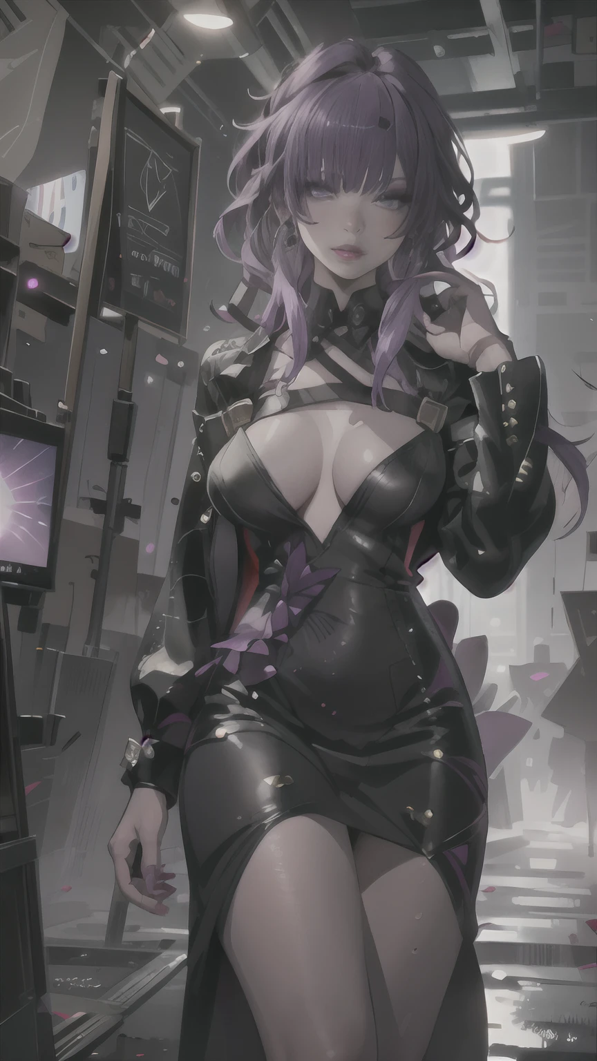 (best quality,highres,4k,masterpiece:1.2),solo,woman,kafka,(purple hair,long hair,beautiful detailed eyes,beautiful detailed lips,fit body,fashionable,makeup,black dress,high heels),portrait,studio lighting,vivid colors,sharp focus