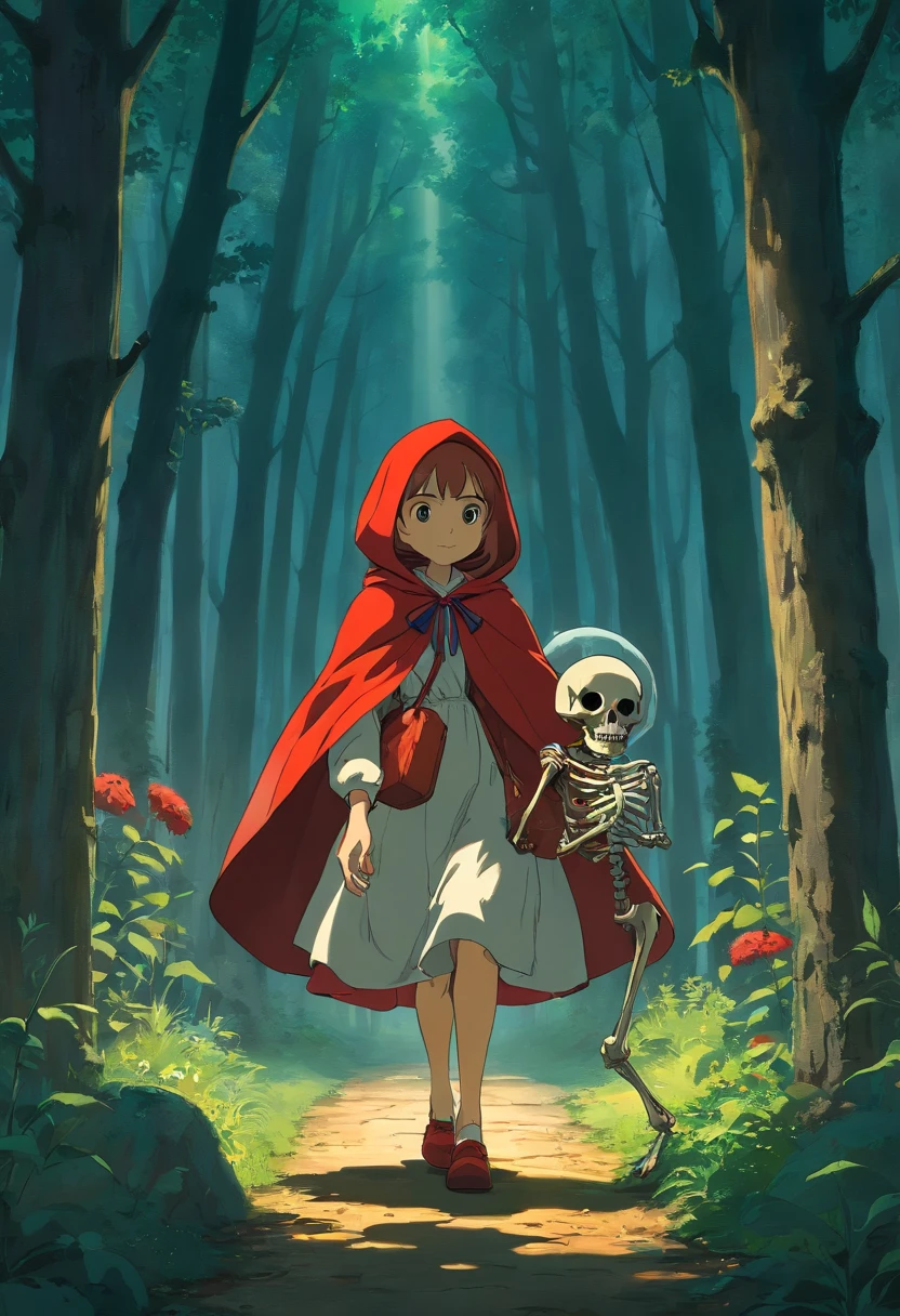 Dimly lit forest、Little Red Riding Hood holding hands with a skeleton。