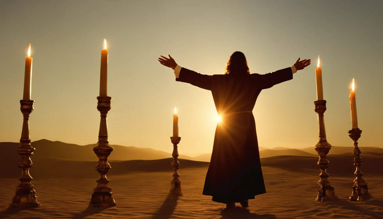 He stood with seven stars in his right hand,, The one who walks among the seven golden candlesticks speaks. Jesus,Appearing in the Book of Revelation,Your majesty,Fantasy,Standing looking ahead, Your feet are like shining jewels, Seven golden candlesticks face the front, 1 person,looking back,Raise both hands,Looking straight ahead,Holding both arms up,7 candles