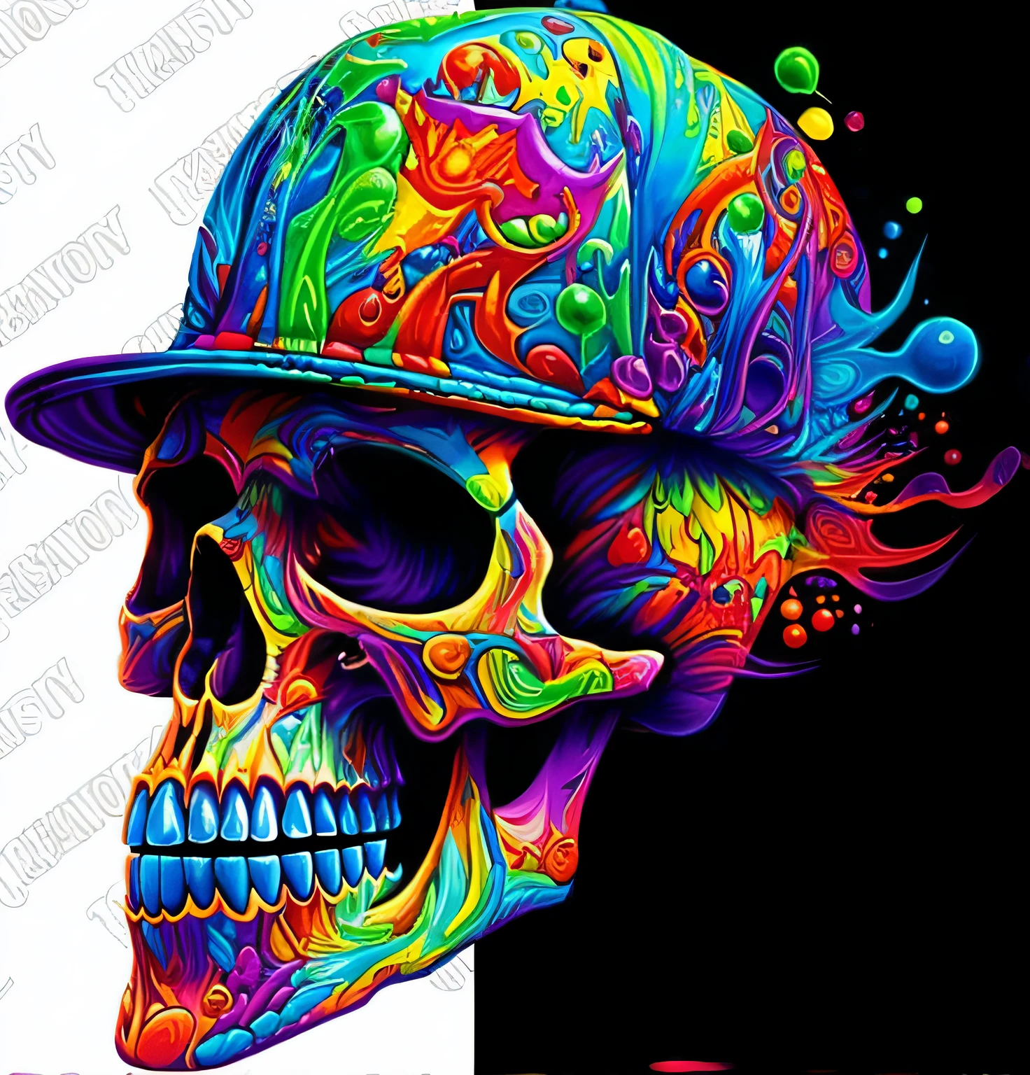 a colorful skull wearing a hat with a colorful design on it, fantasy skull, skull design for a rock band, skull paint, trippy colors, trippy art, trippy vibrant colors, fiery skull contemplating life, skull cap, dmt colors, bright colors highly detailed, vibrant high contrast coloring, full color digital art, psychedelic hip hop, colorful melting human head, morphing skulls