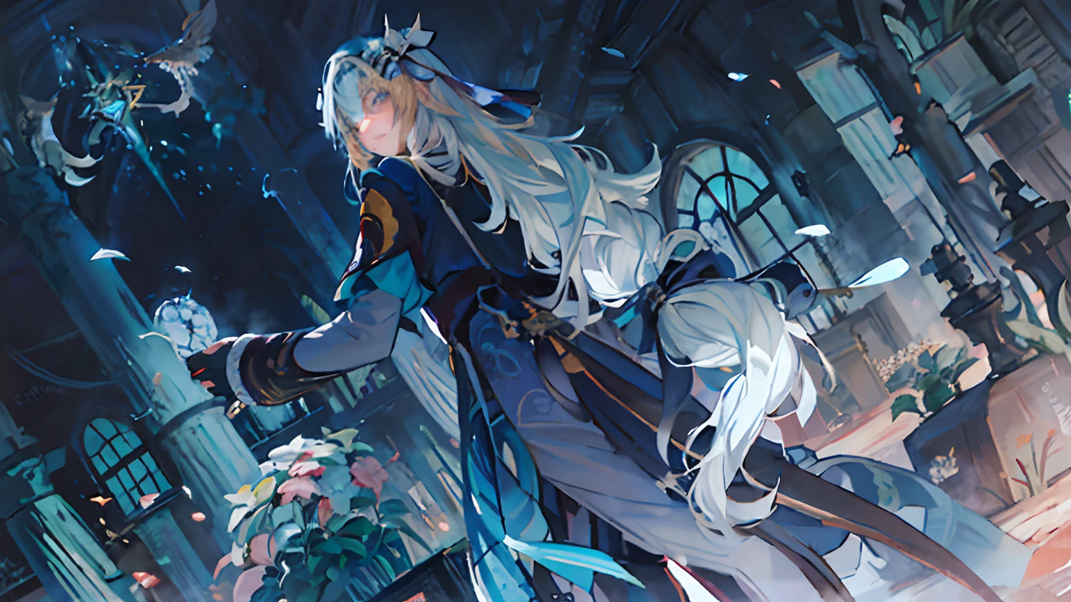 Anime girl with long white hair and blue dress, Holding the Sword, keqing from genshin impact, genshin impact character, detailed key anime art, zerochan art, handsome guy in demon slayer art, key anime art, detailed fanart, genshin, high quality anime artstyle, trending on artstation pixiv, anime fantasy illustration, by Shitao