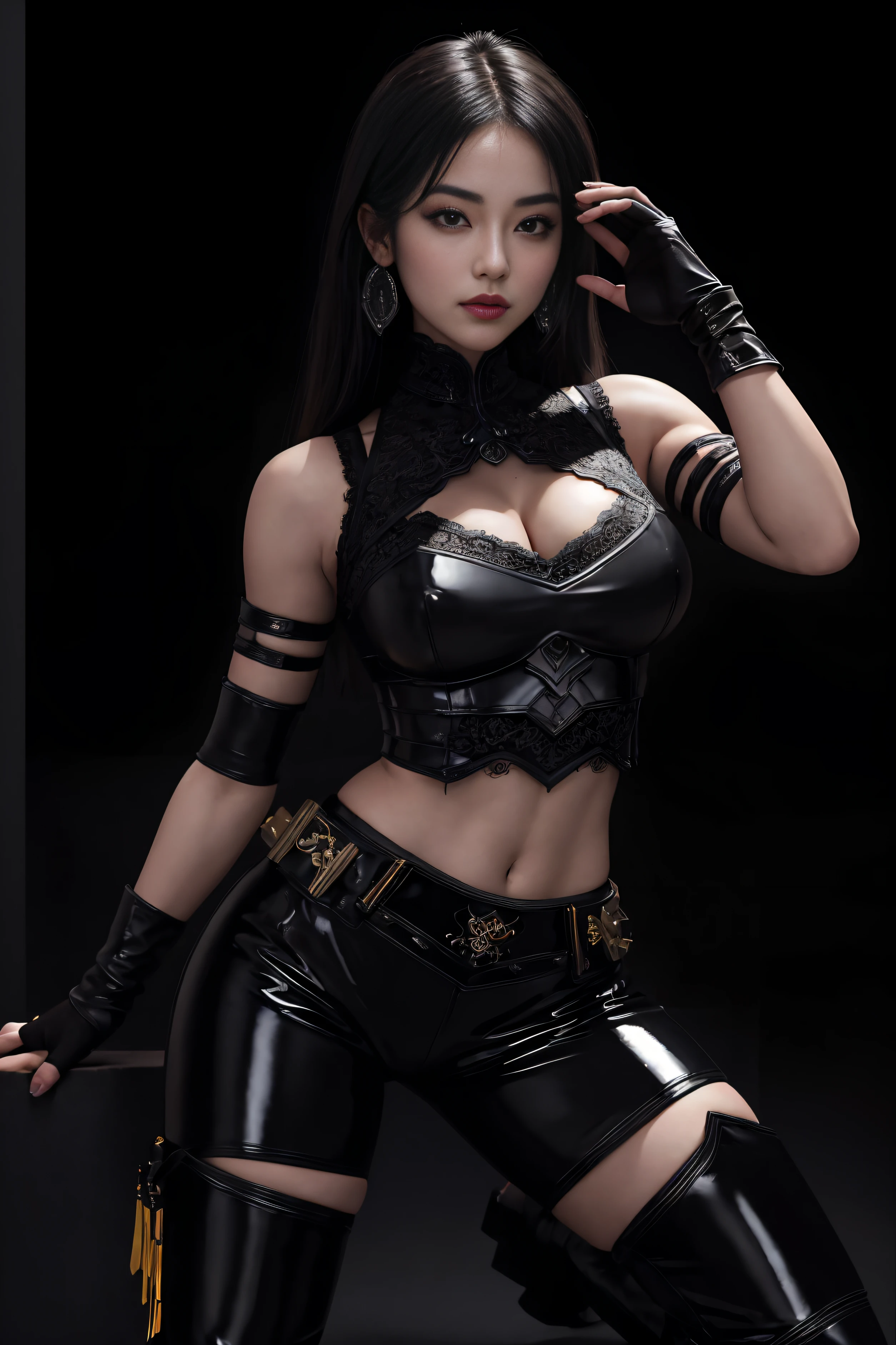 (masterpiece, top quality, best quality, official art, beautiful and aesthetic:1.2), (1girl:1.3), (fractal art:1.3), solo, Jade from mortal kombat, Mortal Kombat video game, black headband, long hair, large breasts, deep cleavage, beautiful face, Asian lady, see-through lace top, leather pants, black lace gloves, black brown hair, long patent leather black boots , earrings,  midriff, navel, toned, looking at viewer, full body, seductive stance, legs apart, (dark city night black background:1.4), bright neon lighting