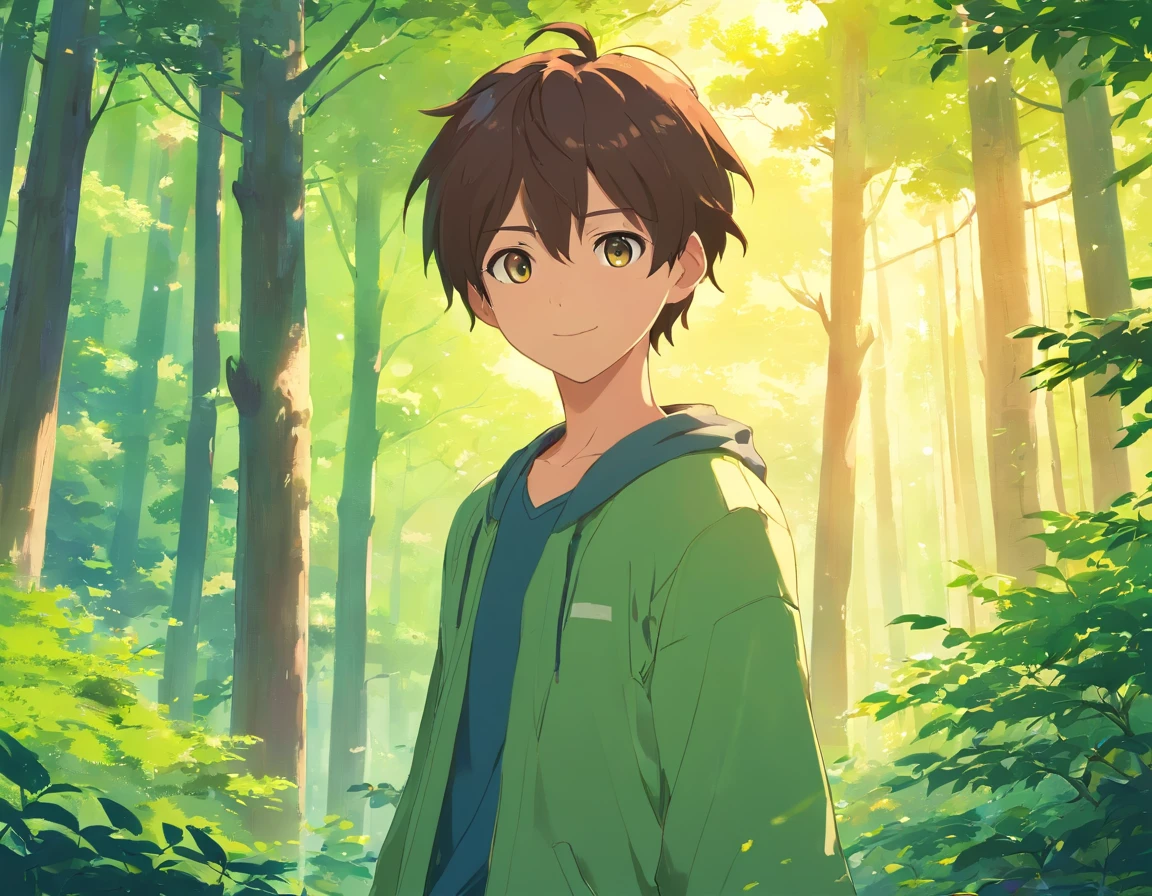 A boy with，Incarnate anime style，Exaggerated unique facial features and clothing，Stand in a green forest，Brown trunk，Lots of branches，Various birds chirp on the branches，Backlit background protruding main body，High-contrast colors，4K HD quality，年轻，ssmile，Handsome