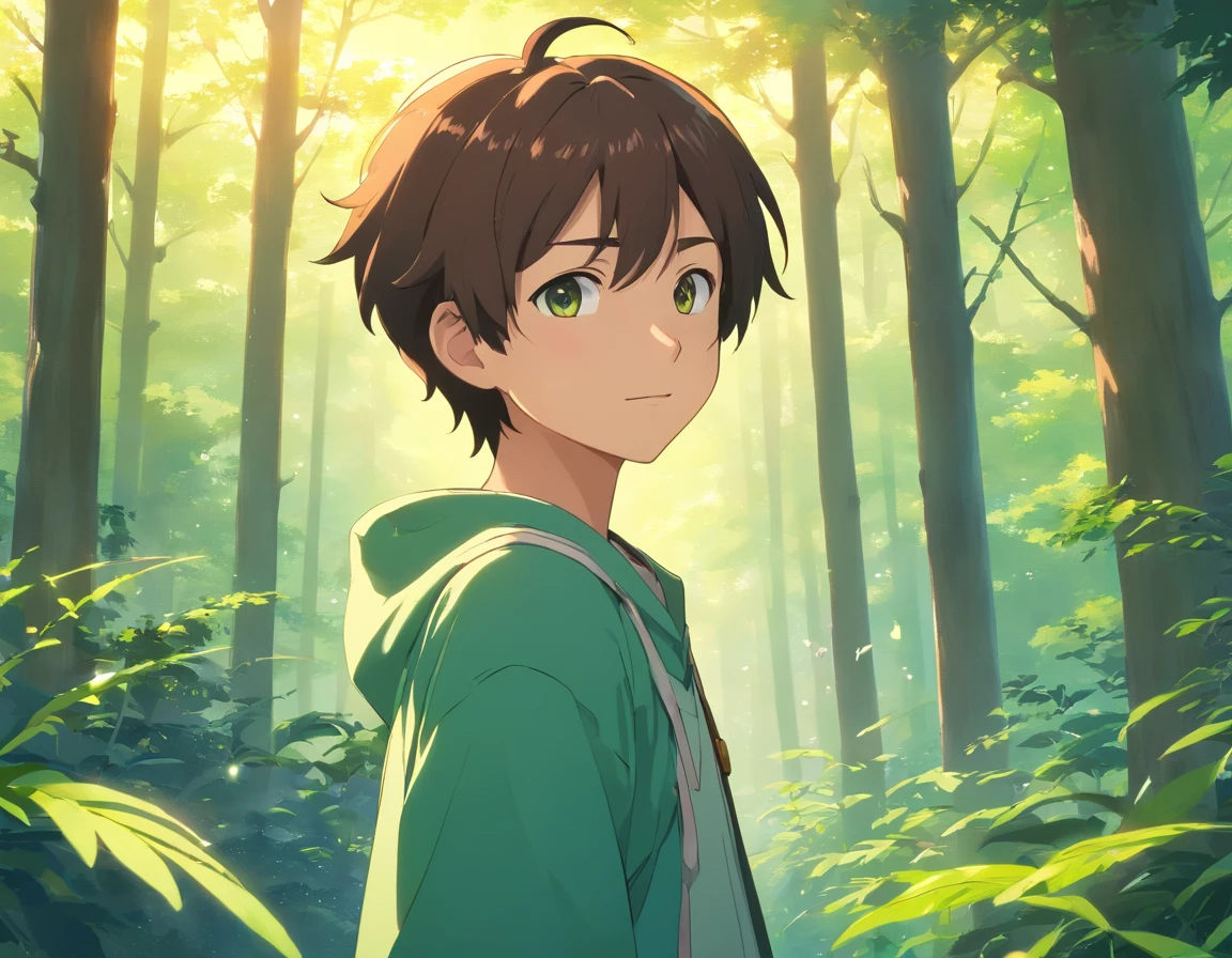 A boy with,Incarnate anime style,Exaggerated unique facial features and clothing,Stand in a green forest,Brown trunk,Lots of branches,Various birds chirp on the branches,Backlit background protruding main body,High-contrast colors,4K HD quality,年轻,ssmile,Handsome