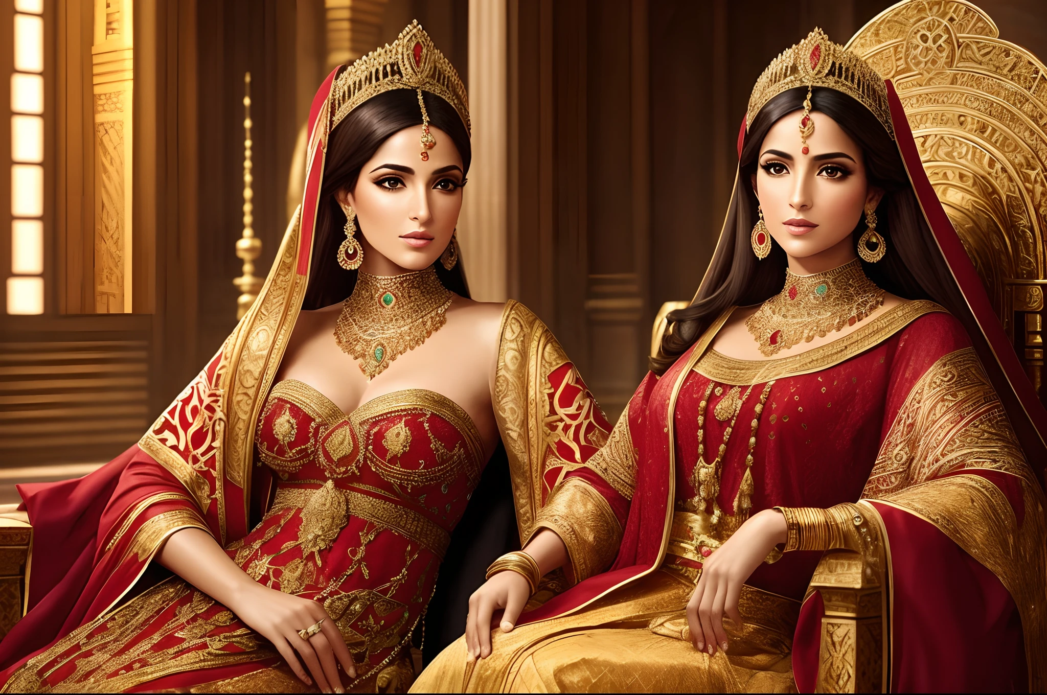 Generate a visually captivating and culturally accurate 4K image depicting a beautiful Spanish woman seated gracefully on an opulent throne. She should be dressed in a traditional Arab-style attire, reflecting the historical influence of Moorish culture in Spain. The outfit should feature intricate embroidery, rich fabrics, and vibrant colors that highlight the fusion of Spanish and Arab aesthetics. The neckline should be attractively designed, drawing attention to the woman's elegance and allure. The image should capture her poise, confidence, and regal demeanor, with careful attention to detail in her pose, facial expression, and overall composition. The background should be adorned with elements that symbolize the Spanish and Arab heritage, such as architectural motifs, decorative patterns, or cultural artifacts. The image should convey a sense of beauty, cultural fusion, and the allure of Spanish and Arab traditions. --auto