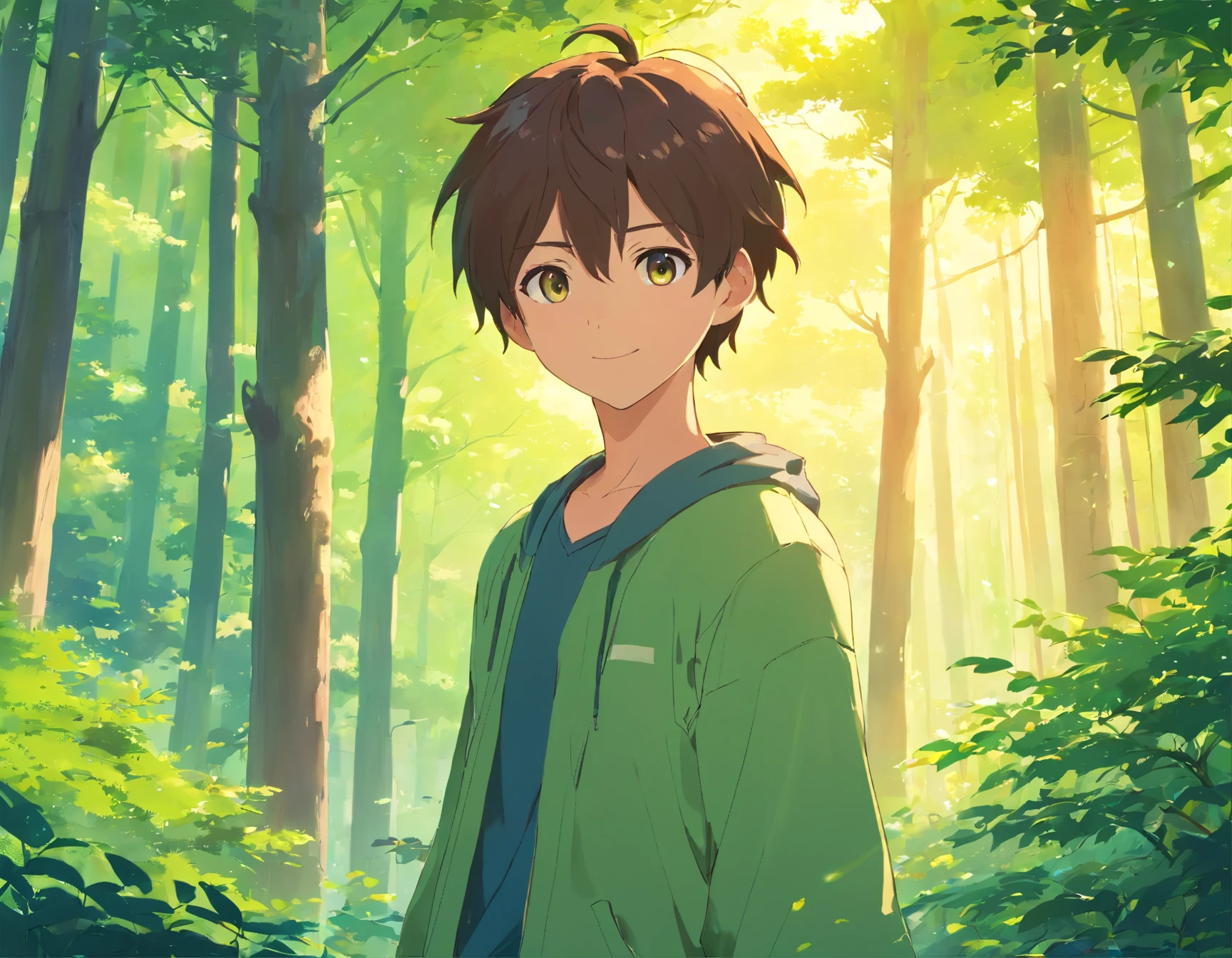 A boy with,Incarnate anime style,Exaggerated unique facial features and clothing,Stand in a green forest,Brown trunk,Lots of branches,Various birds chirp on the branches,Backlit background protruding main body,High-contrast colors,4K HD quality,年轻,ssmile,Handsome