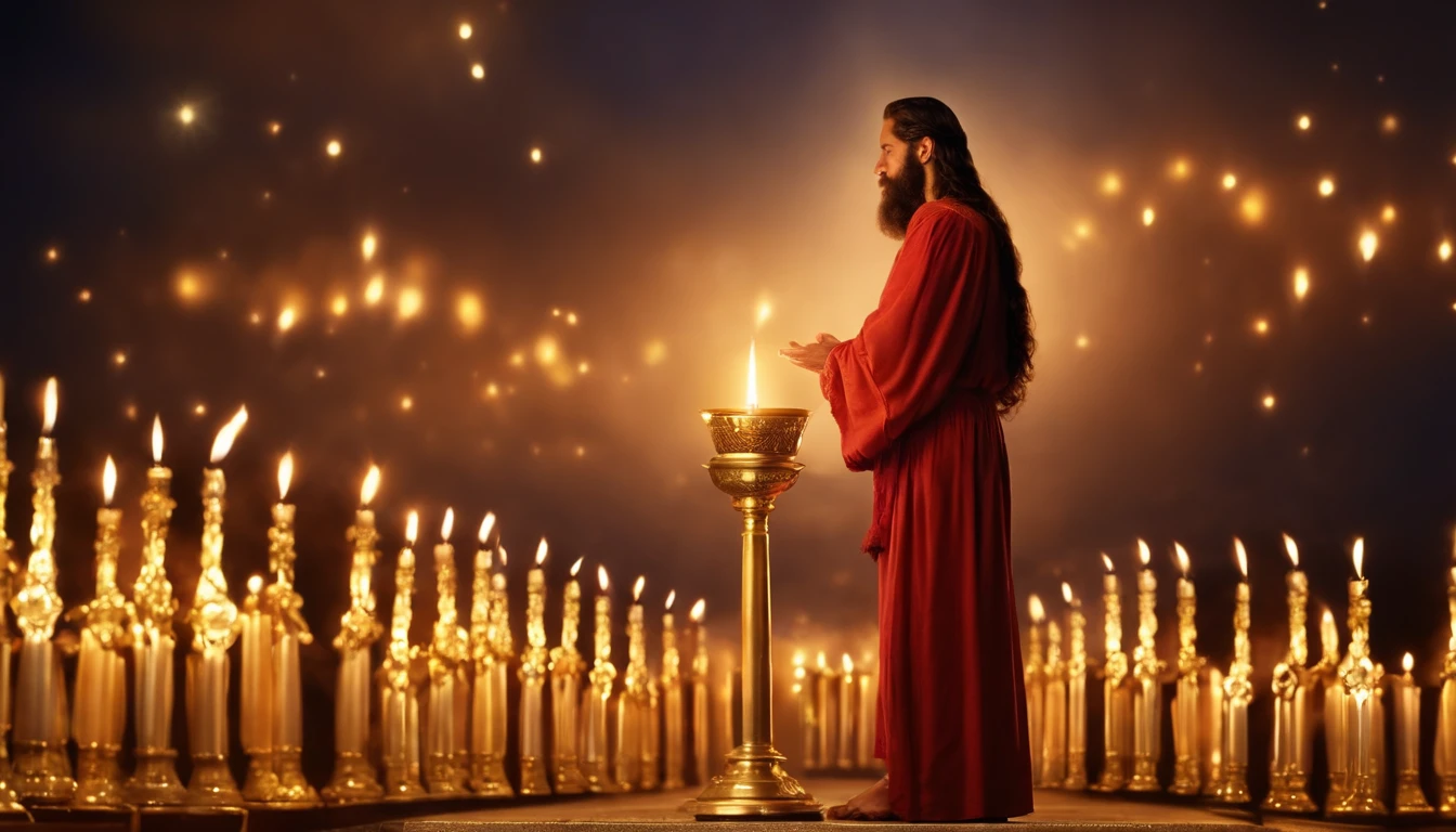 He stood with seven stars in his right hand,, The one who walks among the seven golden candlesticks speaks. Jesus,Appearing in the Book of Revelation,Your majesty,Fantasy,Standing looking ahead, Your feet are like shining jewels, Seven golden candlesticks face the front, 1 person,looking back,Raise both hands,Looking straight ahead,Arms Raised,7 candles