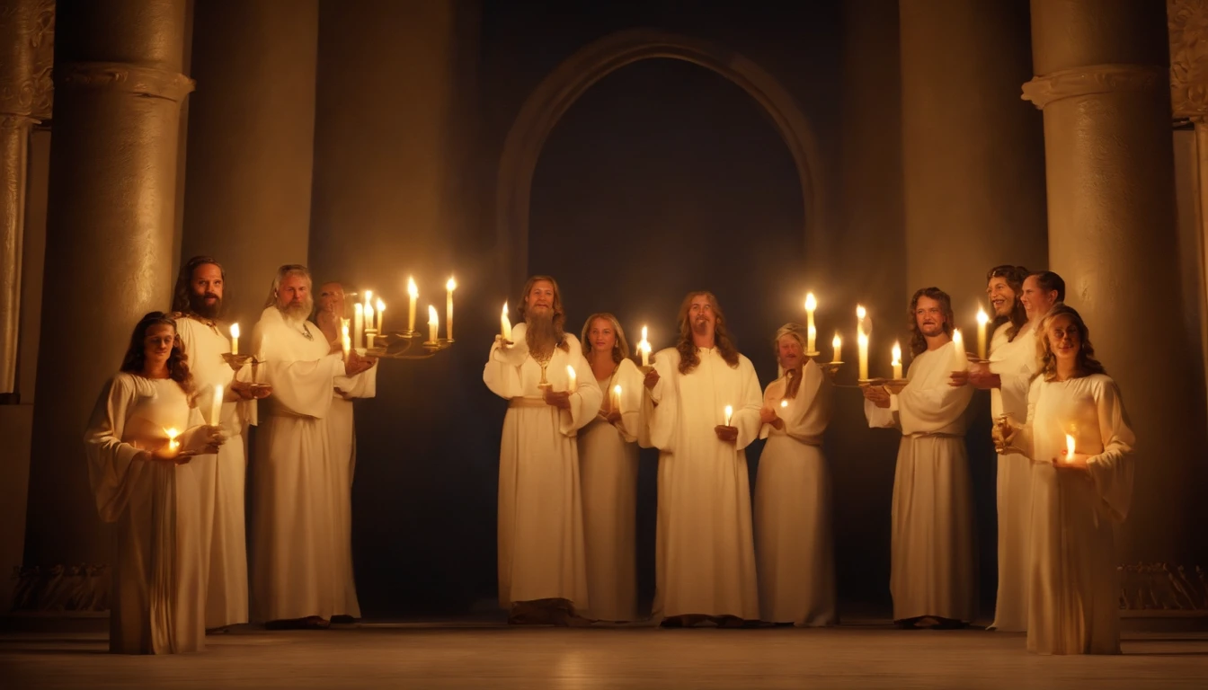 He stood with seven stars in his right hand,, The one who walks among the seven golden candlesticks speaks. Jesus,Appearing in the Book of Revelation,Your majesty,Fantasy,Standing looking ahead, Your feet are like shining jewels, Seven golden candlesticks face the front, 1 person,looking back,Raise both hands,Looking straight ahead,Arms Raised,7 candles