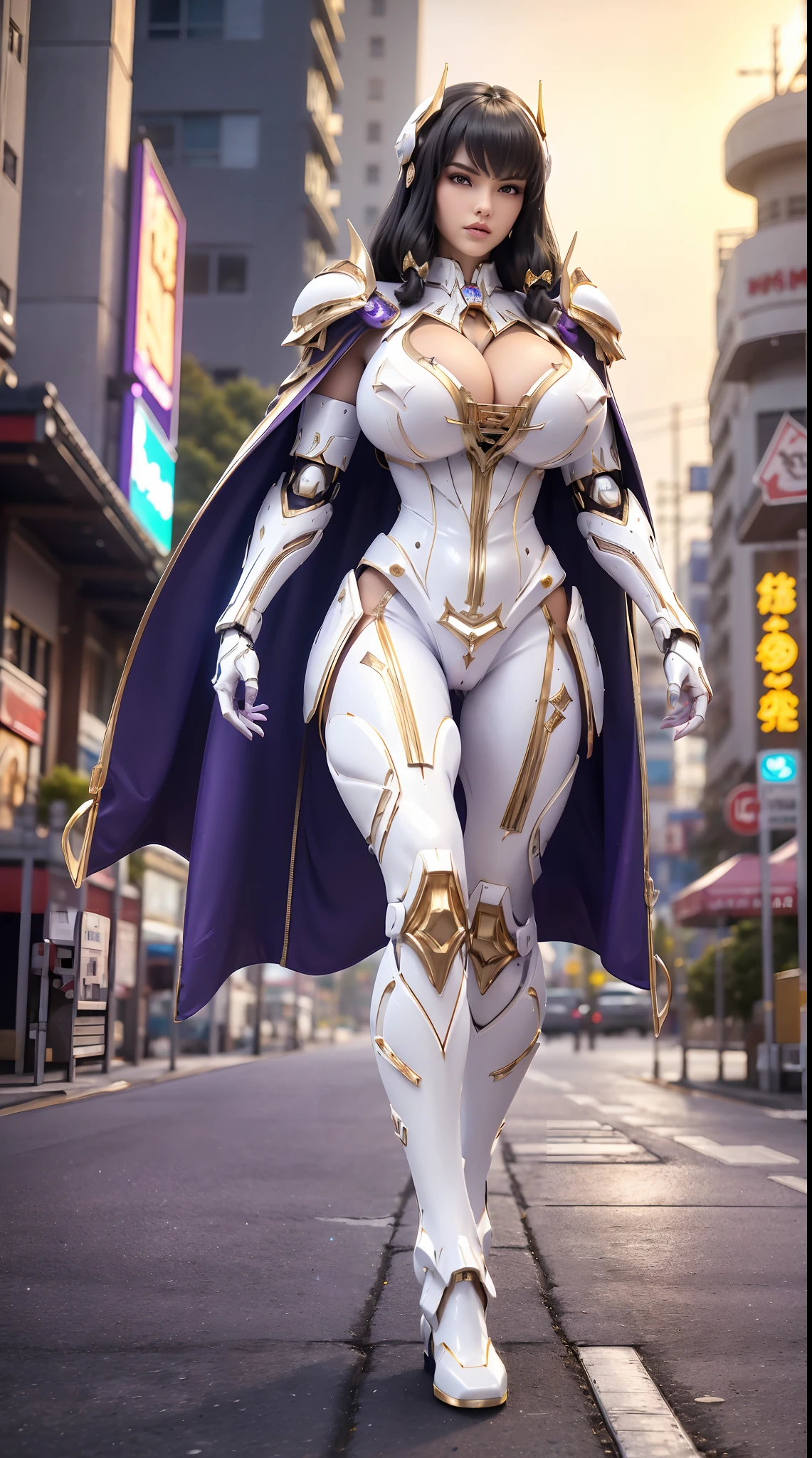 1GIRL, SOLO, (shiny black hair), (HUGE FAKE BOOBS:1.3), (GUARD ARM, GLOVE), IMMORTAL, (white, purple, gold, FUTURISTIC MECHA ARMOR SUIT, ROYAL CAPE, CLEAVAGE:1.5), (SKINTIGHT YOGA PANTS, HIGH HEELS:1.2), (NSFW GLAMOROUS BODY, SEXY LONG LEGS, FULL BODY:1.3), (FROM FRONT, LOOKING AT VIEWER:1), (WALKING DOWN ON STREET NIGHT CITY:1.3), PHYSICALLY-BASED RENDERING, ULTRA HIGHT DEFINITION, 8K, 1080P.