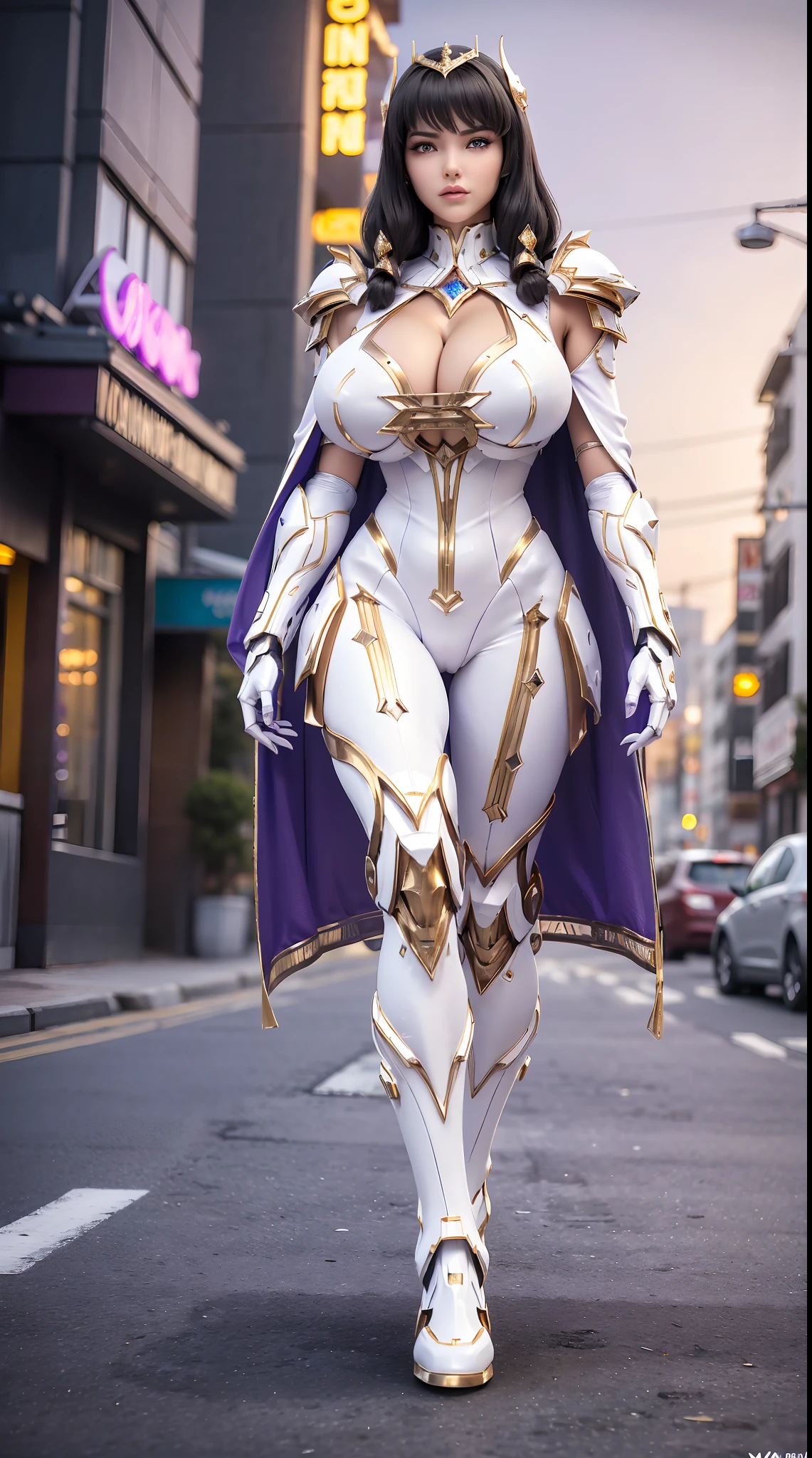 1GIRL, SOLO, (shiny black hair), (HUGE FAKE BOOBS:1.3), (GUARD ARM, GLOVE), IMMORTAL, (white, purple, gold, FUTURISTIC MECHA ARMOR SUIT, ROYAL CAPE, CLEAVAGE:1.5), (SKINTIGHT YOGA PANTS, HIGH HEELS:1.2), (NSFW GLAMOROUS BODY, SEXY LONG LEGS, FULL BODY:1.3), (FROM FRONT, LOOKING AT VIEWER:1), (WALKING DOWN ON STREET NIGHT CITY:1.3), PHYSICALLY-BASED RENDERING, ULTRA HIGHT DEFINITION, 8K, 1080P.