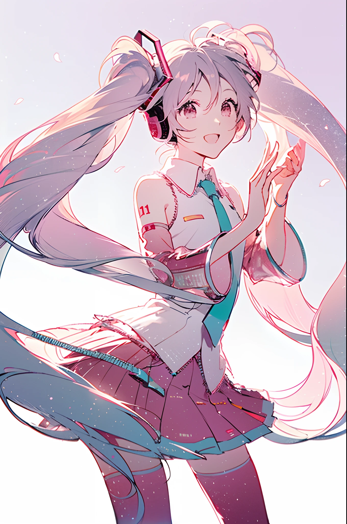 by rella, sakuramiku, smiling, heart hands gesture, sakura flowers, beautiful backlighting