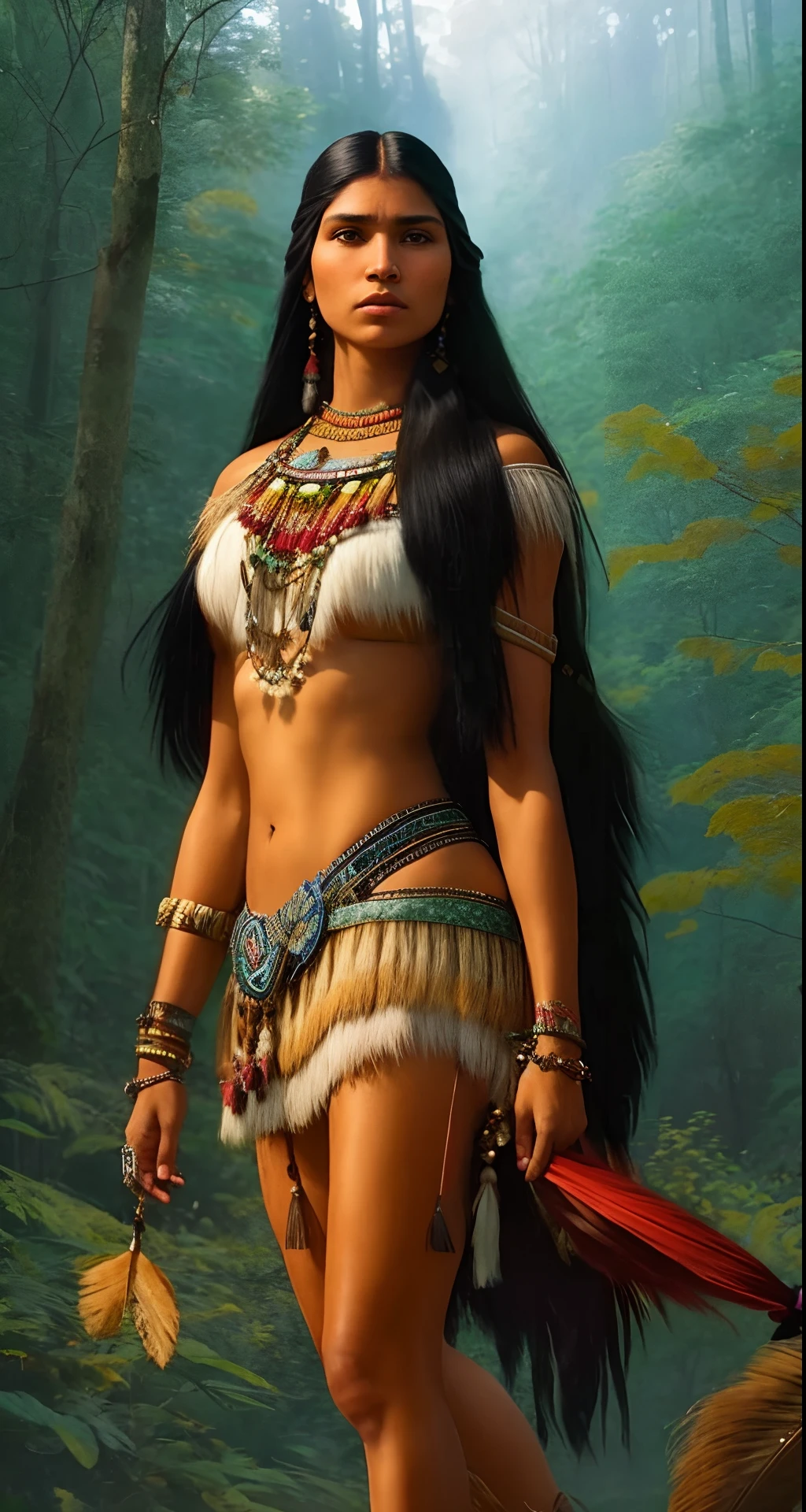 Extremely perfect cinematic humanized hyperrealistic movie scene of a woman in native clothes walking through a forest, uma bela mulher guerreira, Warrior Woman, Guerreira do Norte, Pocahontas, Guerreira adulta do norte, linda guerreira, female warrior, mulheres guerreiras musculosas, princesa guerreira, Retrato de Pocahontas, Retrato de uma jovem Pocahontas, menina guerreira, : native american shamen fantasy