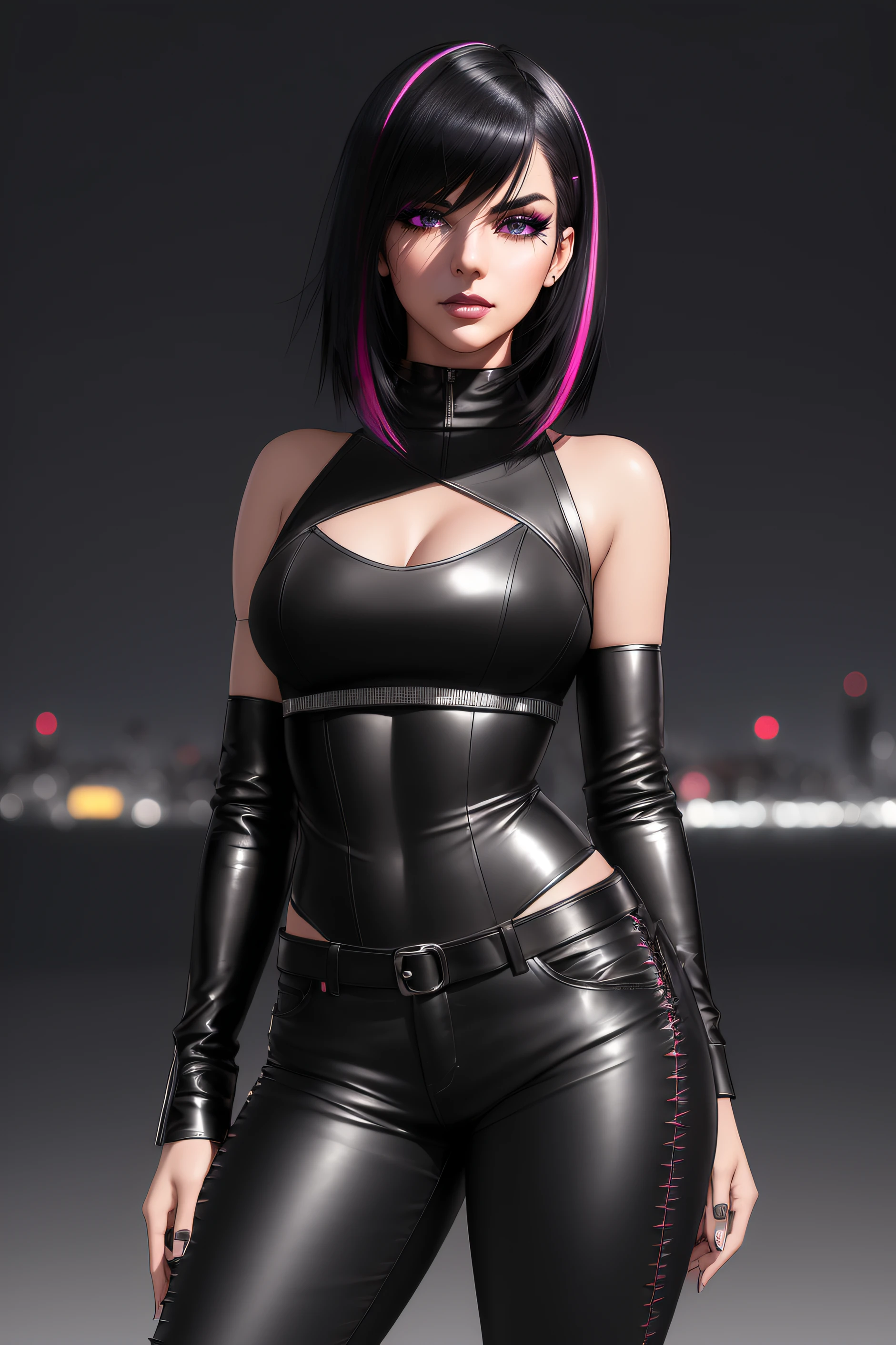 beautiful girl, ((standing:1.4)), (confident gaze:1.1), full body, short bright neon streaked black hair, ((large light realistic highly detailed eyes:1.4)), ((seductive pose:1.2)), black eyeshadow, (street style wear:1.2), ((tight fitted pants)), ((knee high leather boots)), (dark city night black background:1.4), dark makeup, digital art, trending on artstation, highly detailed, fine detail, intricate, detailed facial features, sharp focus, smooth, aesthetic,