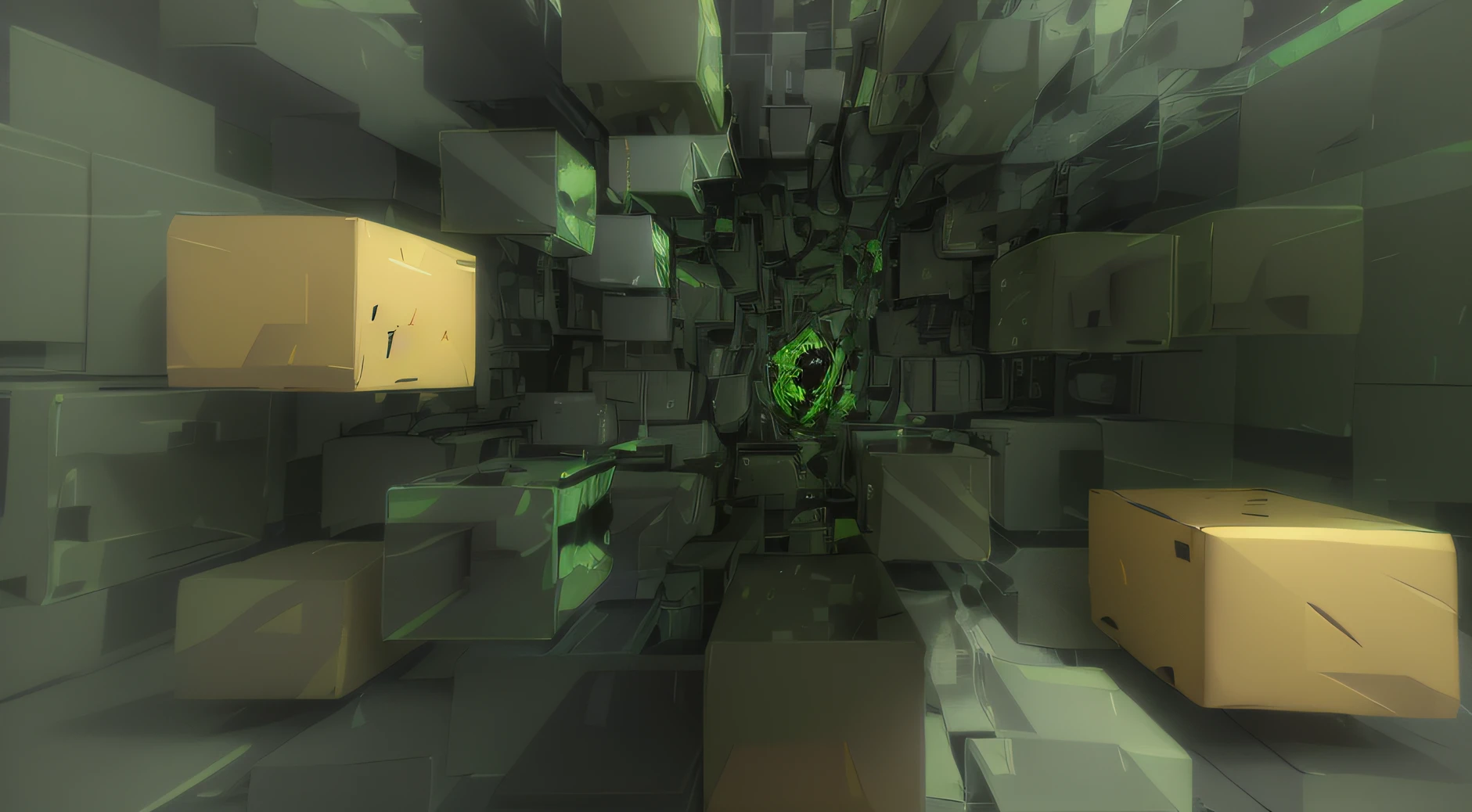 green and gold, Translucent box, The contour is sharp，Three-dimensional sense of space, 8K, Ultra HD, C4D, OC renderer