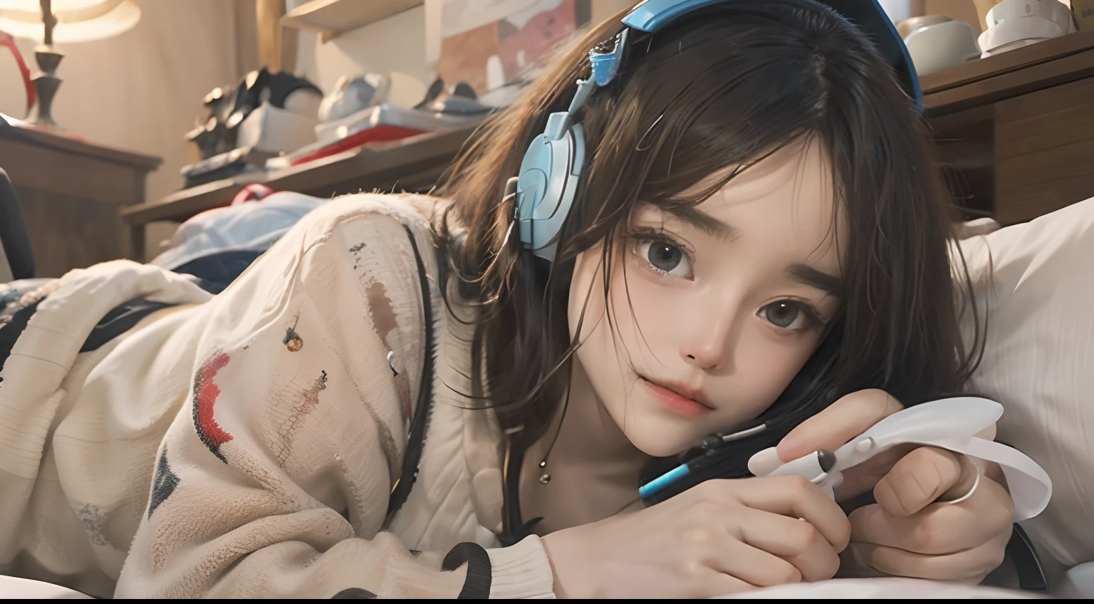 A woman lying on a bed wearing headphones,using a laptop, Listen to music at 2 a.m.The atmosphere is sweet and relaxed, Has a calm and deep emotional atmosphere. The environment is dreamy and ethereal. The artwork has a romantic theme, Has a commendable artistic style similar to Van Gogh's work. The woman is a charming lo-fi girl, with headphones on.Hand touching a black cat The painting should depict her in a realistic and cute way, Showcasing Guvitz's unique artistic style.
