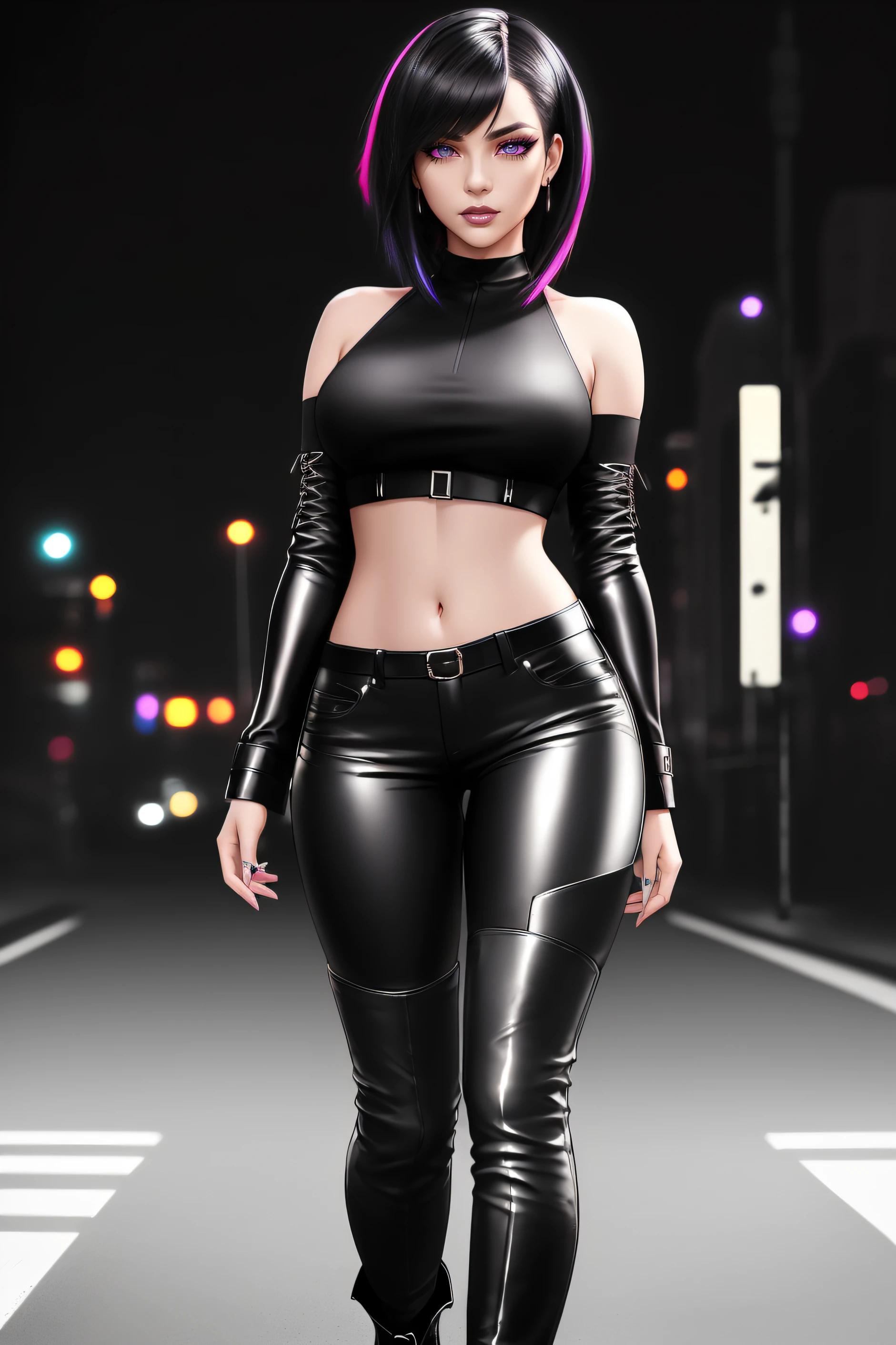 beautiful girl, ((standing:1.4)), (confident gaze:1.1), full body, short bright neon streaked black hair, ((large light realistic highly detailed eyes:1.4)), ((seductive pose:1.2)), black eyeshadow, (street style wear:1.2), ((tight fitted pants)), ((knee high leather boots)), (dark city night black background:1.4), dark makeup, digital art, trending on artstation, highly detailed, fine detail, intricate, detailed facial features, sharp focus, smooth, aesthetic,