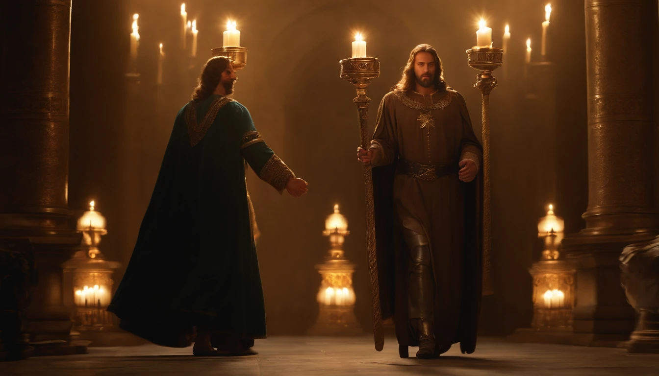 "athletic man holding and standing with seven stars in his right hand, walking between seven golden candlesticks. He says, Jesus, revealed in the book of Revelation, Your Majesty, fantasy, looking ahead, and your feet are like shining jewels. There are seven golden candlesticks facing forward, and there is one person. Please turn around and raise both hands." (best quality,4k,8k,highres,masterpiece:1.2), ultra-detailed, (realistic,photorealistic,photo-realistic:1.37), portraits, vivid colors, studio lighting, sharp focus, physically-based rendering, extreme detail description, biblical theme, majestic atmosphere, glowing light)