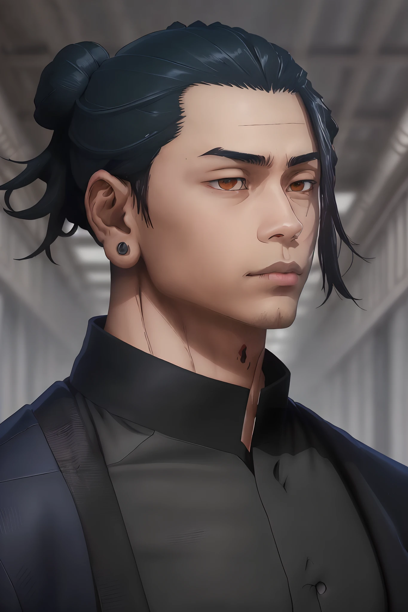 masterpiece, best quality, high quality, 1boy, solo, male, dark-skinned, focus, looking at viewer, upper body, Suguru_Geto, black hair, eye color: black, Man bun, black jacket, high collar, Realism