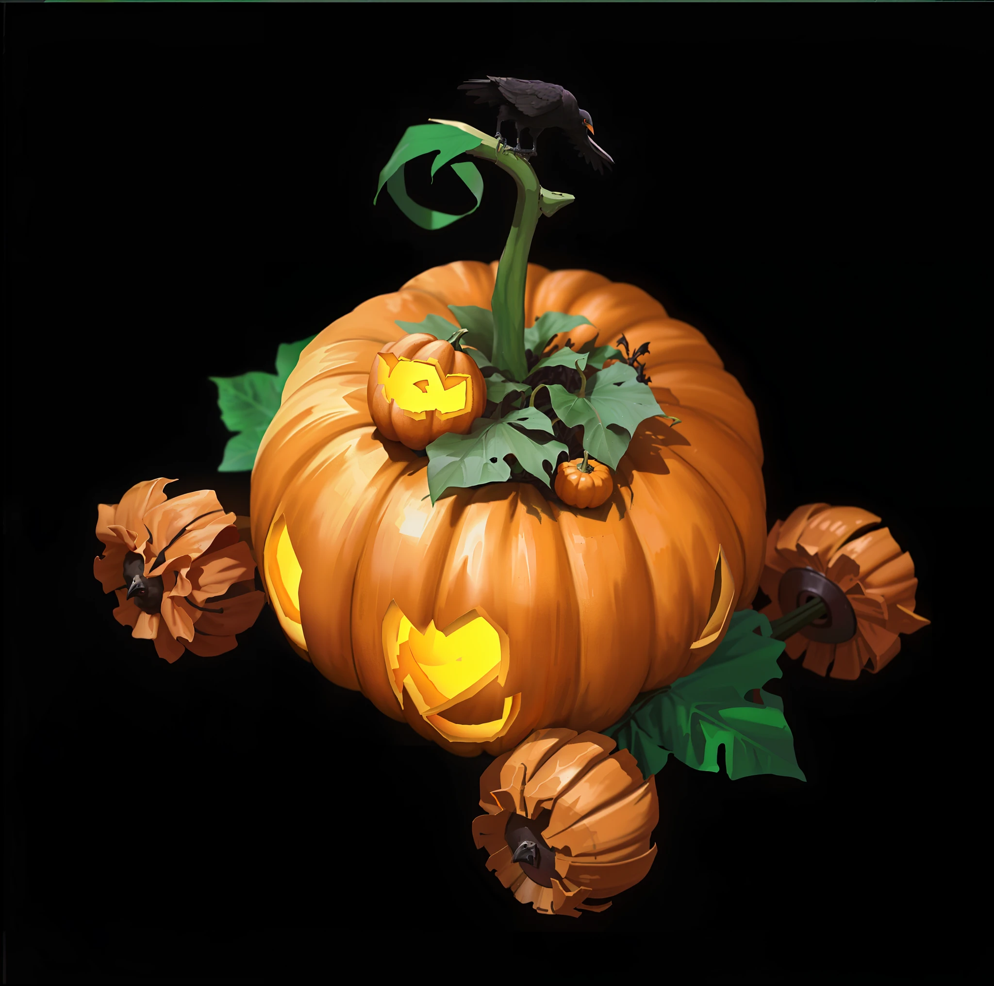 A pumpkin carriage, is by(Pumpkin head:1.4+vine:1.0+Small pumpkin decoration+Large foliage:1.4+cawing ravens)The composition,Semi-realistic, Half realistic, halloween art style, Slightly realistic, ingame image, arte renderizada,