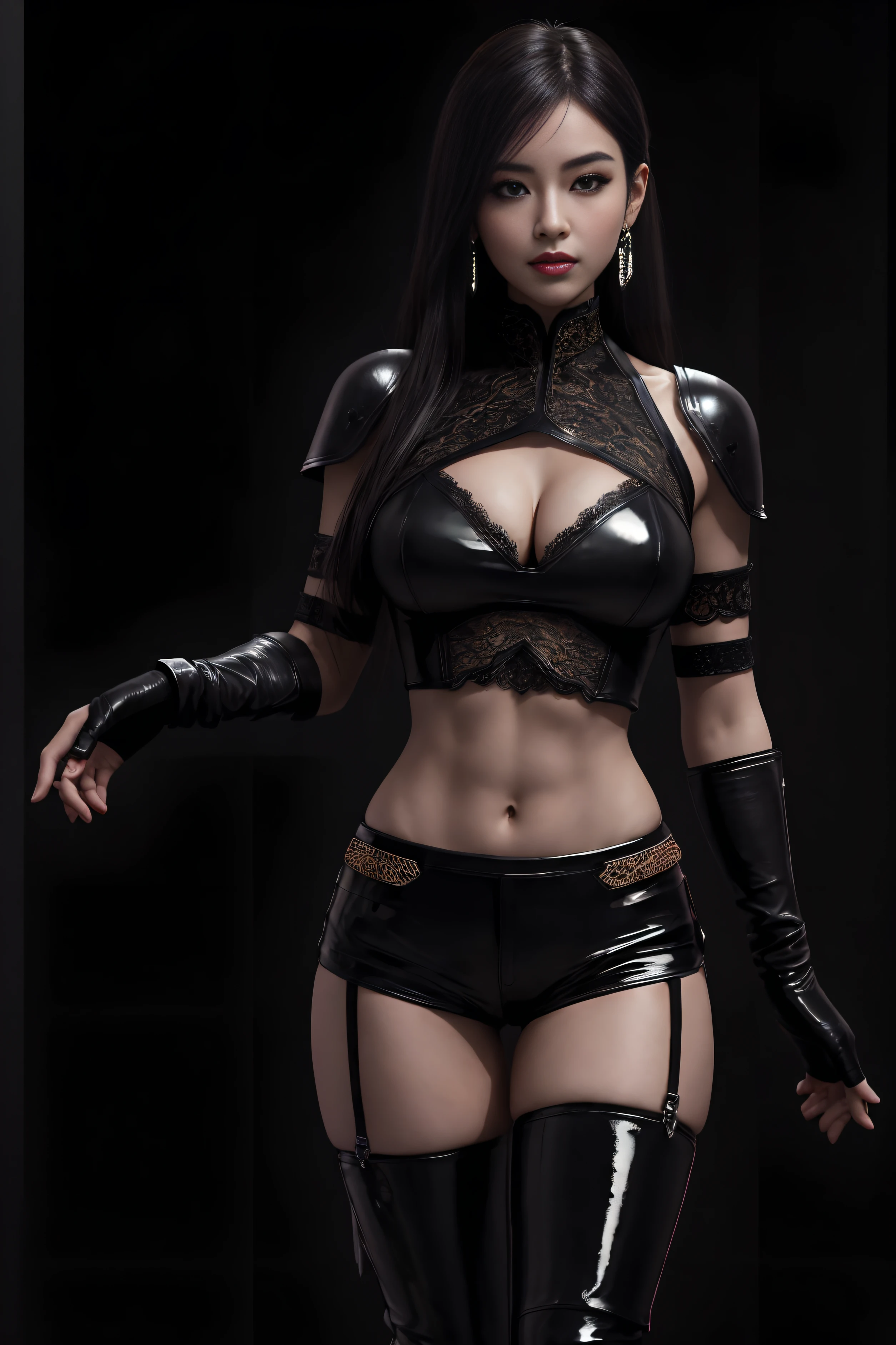 (masterpiece, top quality, best quality, official art, beautiful and aesthetic:1.2), (1girl:1.3), (fractal art:1.3), solo, Jade from mortal kombat, Mortal Kombat video game, black headband, long hair, large breasts, deep cleavage, beautiful face, Asian lady, see-through lace top, leather pants, black lace gloves, black brown hair, long patent leather black boots , earrings,  midriff, navel, toned, looking at viewer, full body, seductive stance, legs apart, (dark city night black background:1.4), bright neon lighting, cinematic lighting