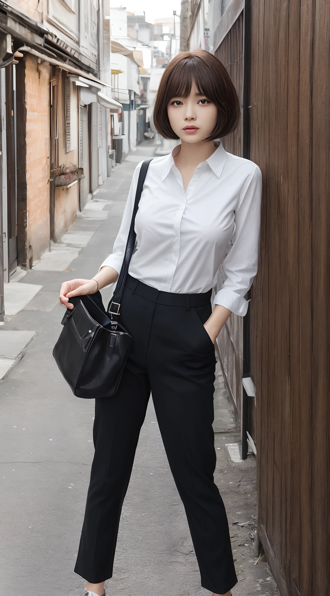 masutepiece、Best Quality、 ultra-detailliert、hight resolution、8K Wallpapers、Perfect dynamic composition,、Beautiful detailed eyes、(Beautiful Large Breasts:1.3)、27-year-old beauty、Asian Beauty、top-quality、Beautuful Women、Brown hair、Pattsun bangs、bob cuts、a small face、Cool Beauty、black business jacket、Black Business Pants、Colossal tits、Chest protruding greatly from the shirt,、A slender、slender、slender body with large breasts,,,,,,,,,,,,,,,,,,,,,,,,,,,,,,,,,,,,,、Leather Heel Shoes、up chest、Back alley、Holding a book in your right hand、Beautiful woman reading a book、Sharp eye light、eye make up、The left hand puts his hand in the pocket of his pants、Beautiful right hand、Beautiful left hand、The beauty of looking at books、sunlight from sky、Silence、Transcendental tranquility、Super detailed illustration、extra detailed face、Raw photography、film grains、Deviantart Trends、