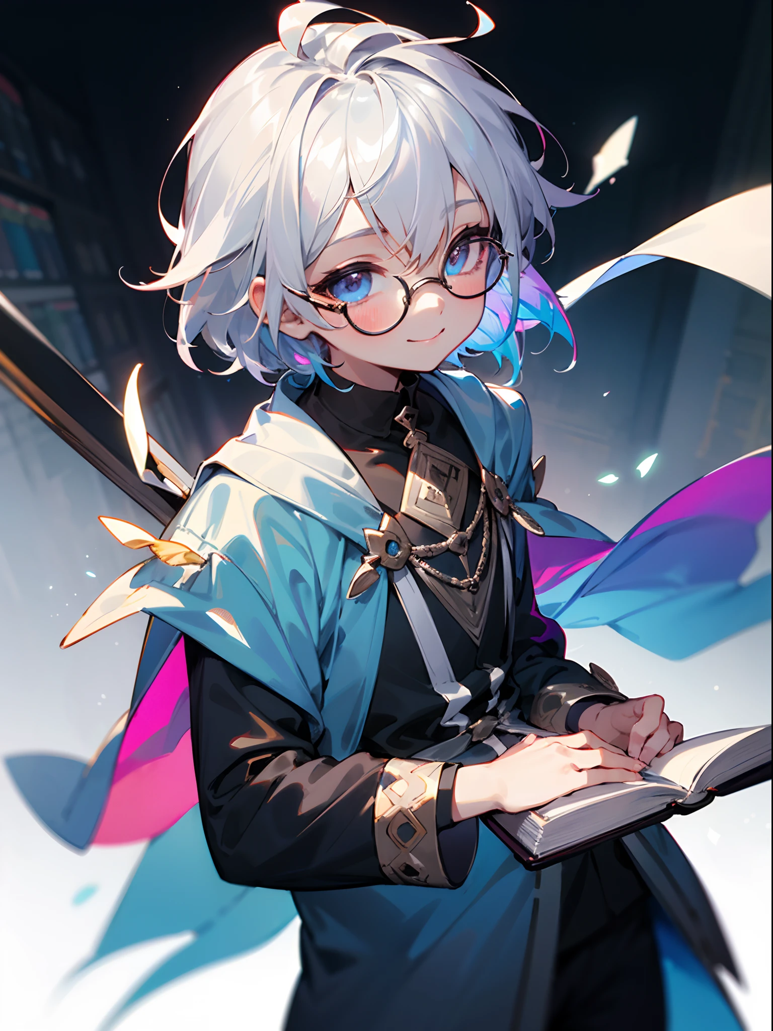 (Male child, eye glasses,A smile, silber hair),Have a book,Iridescent background